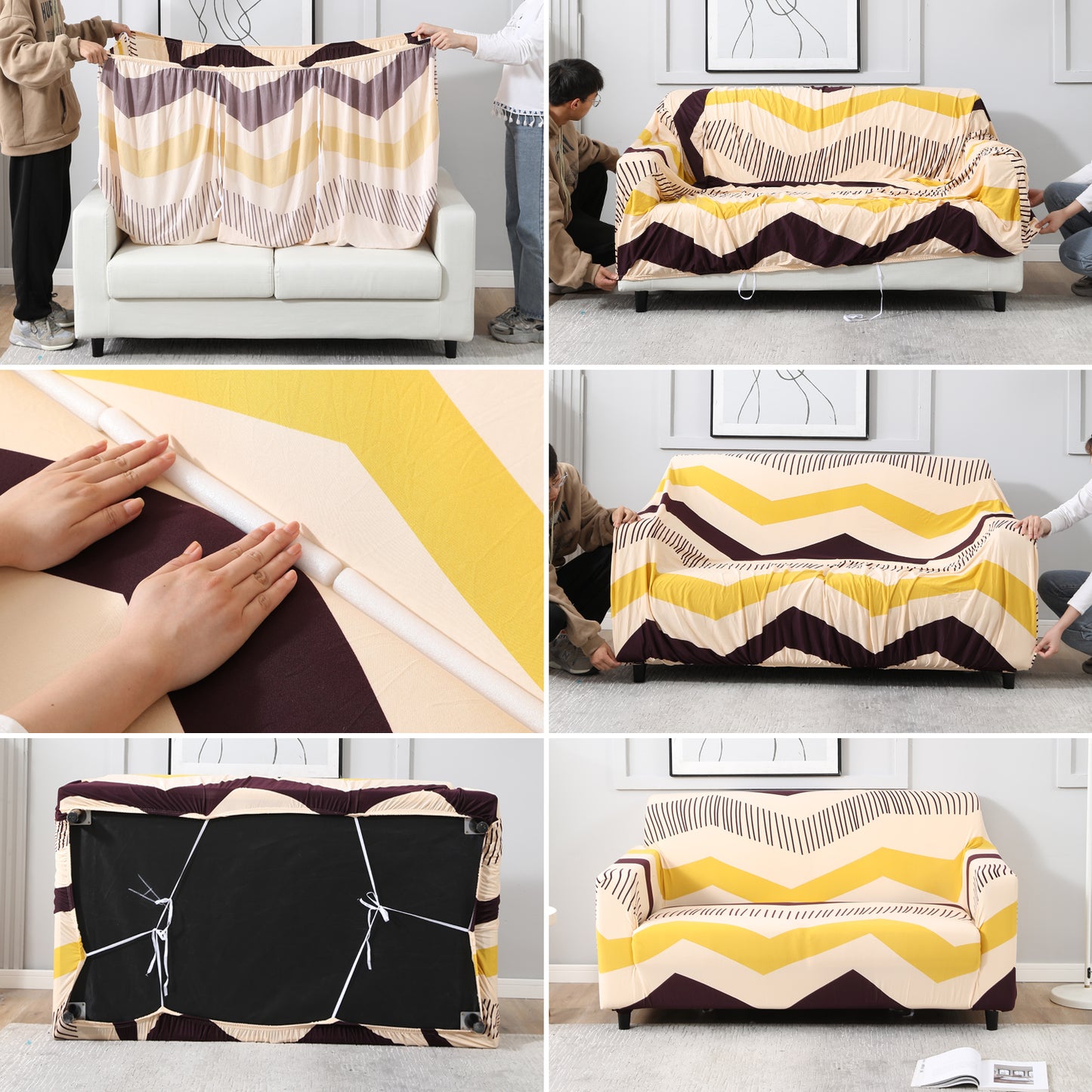 Step-by-step guide on How to put on Beige Brown Chevron Print elastic sofa cover