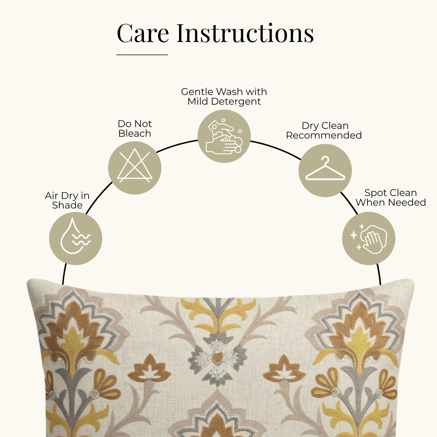 HOKIPO Heritage Bloom Embroidered Cushion Cover 16x16 in, Mustard & Ivory