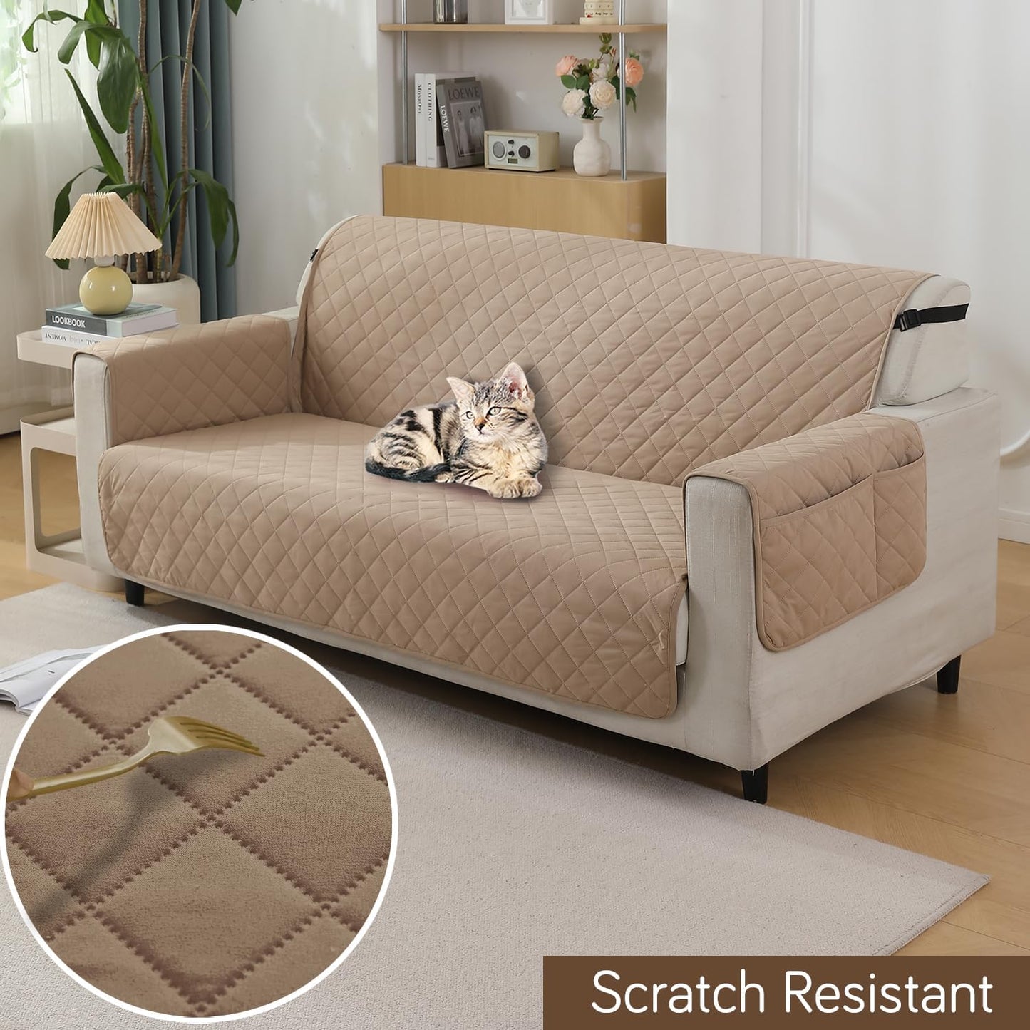 Beige colour three seater quilted waterproof sofa cover | Hokipo