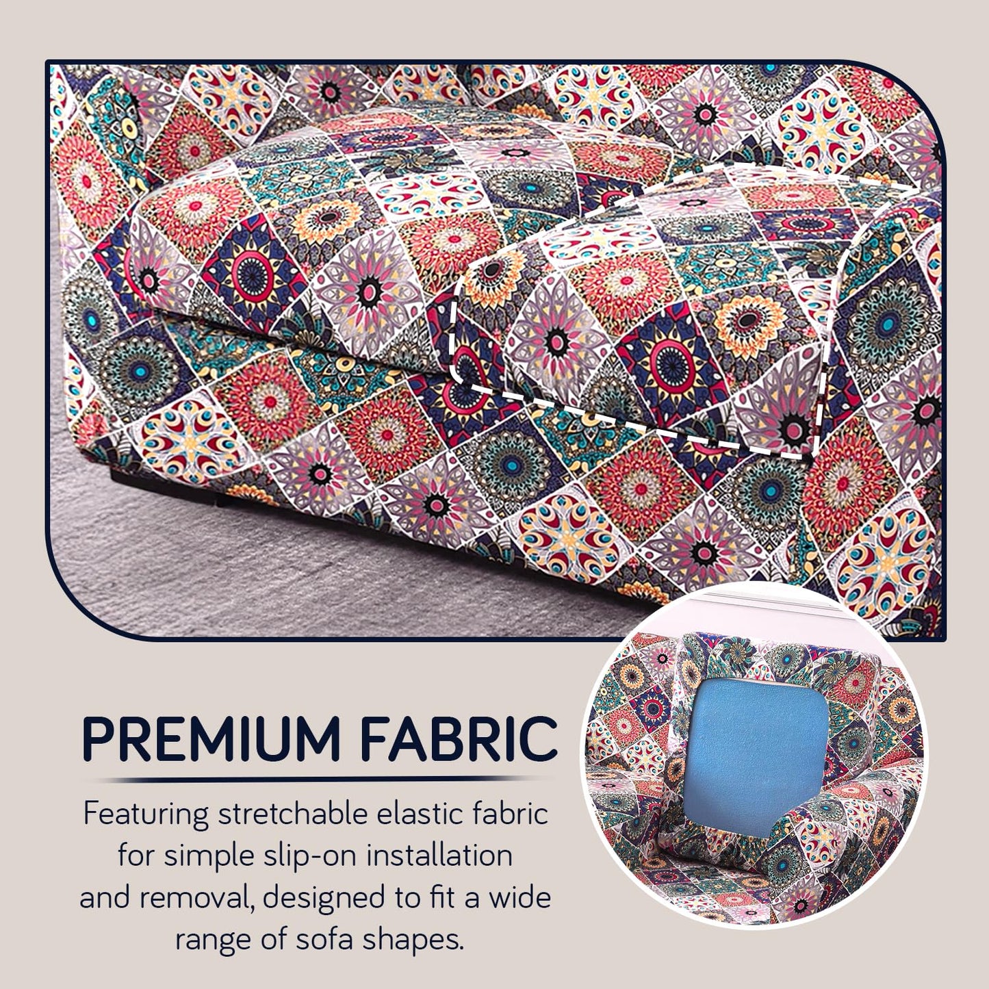 Printed Stretchable Sofa Slipcover with 1/2/3 Pc Separate Seat Cushion Cover for each 1/2/3 Seater, Spectrum Mosaic Magic