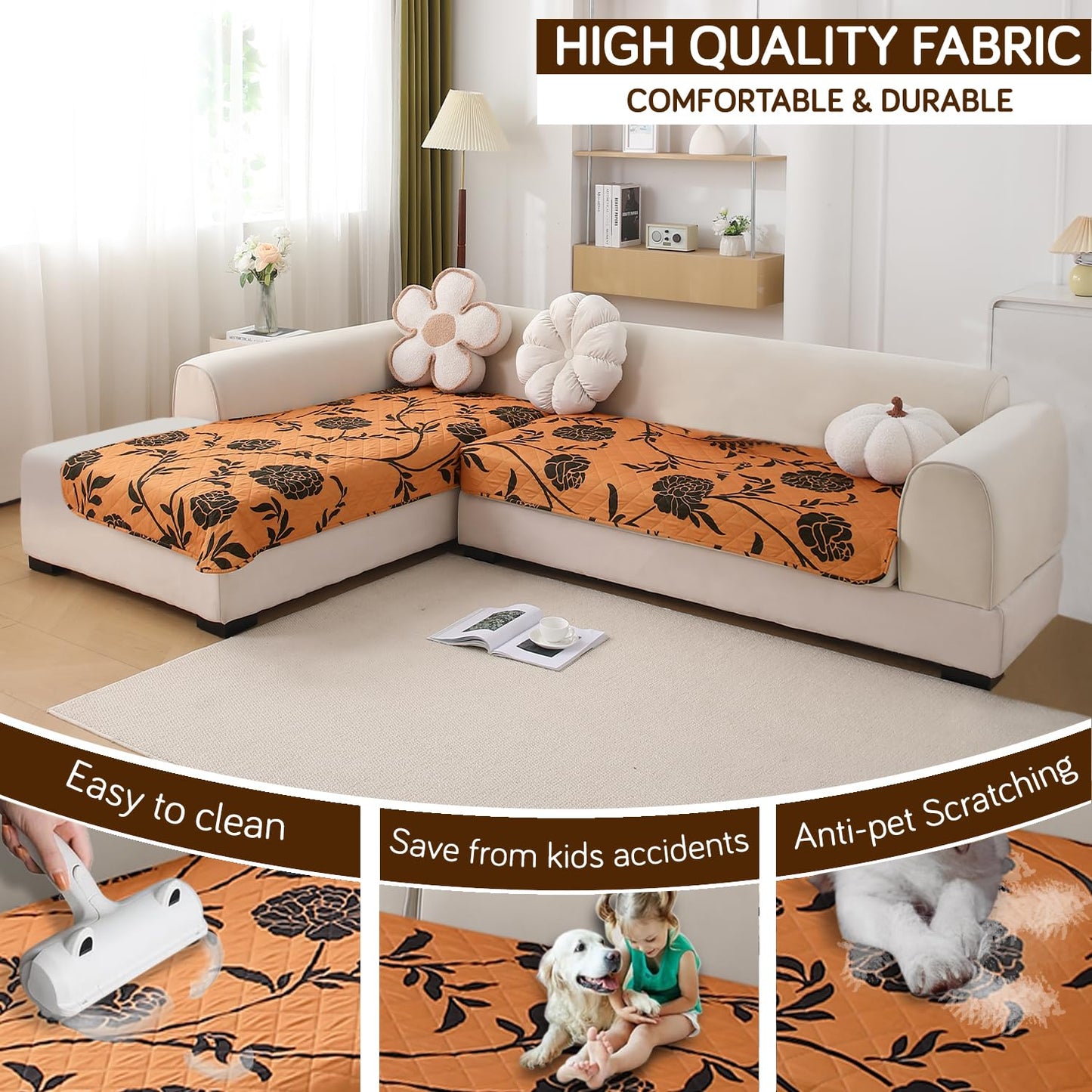 Waterproof Printed Quilted Quick Dry L Shape Sofa Seat Cover Mat, Copper Brown Floral