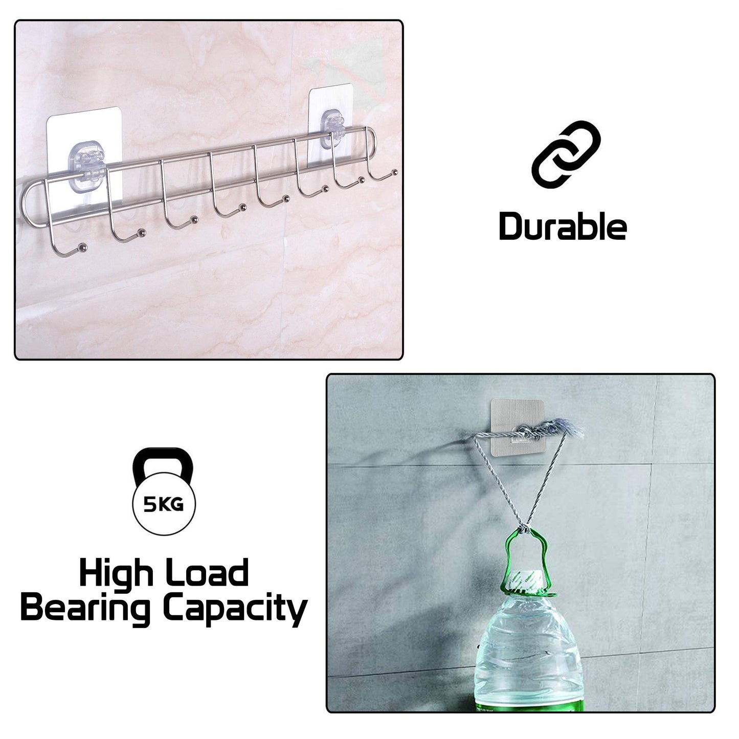 Magic Sticker Series Self Adhesive Stainless Steel 6/8 Hook Rail - 5KG Load Capacity