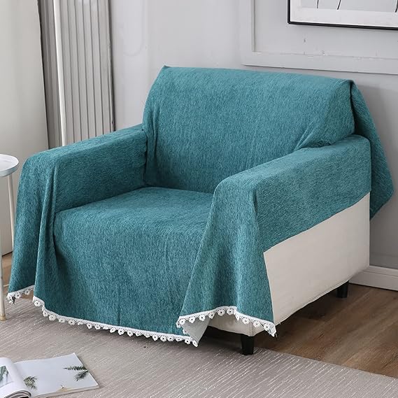 1 Seater elegant Blue colour chenille sofa throw of size 180(D)x180(L)