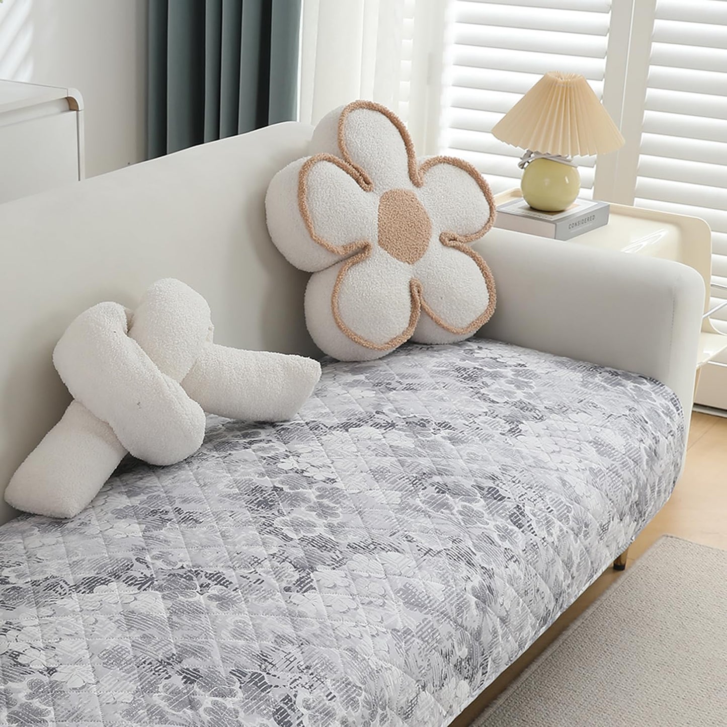 Quilted, Waterproof and Anti-Slip Sofa Cover Mat, Abstract Pale Grey