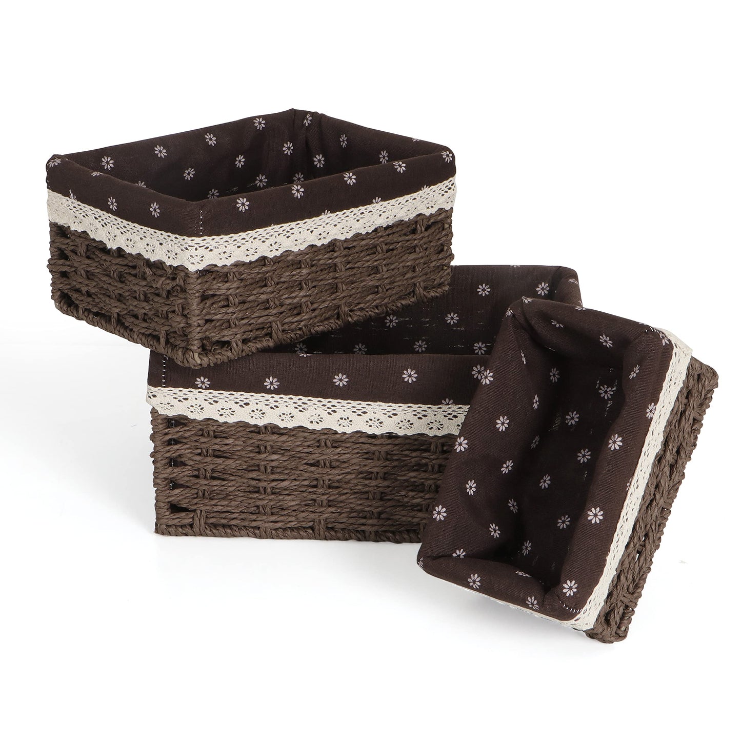 Eco-Friendly Handwoven Paper Weave Wicker Oval Basket For Home, Office, Wardrobe. Pack Of 3, Brown