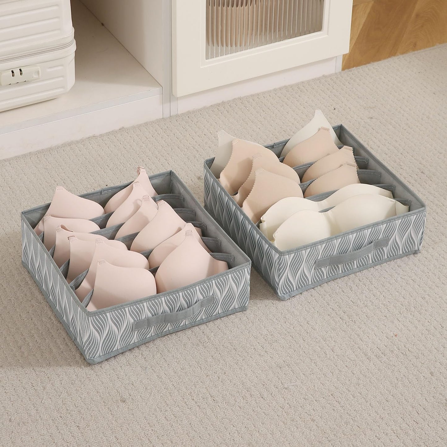Lingerie Organizer for Women – Bra Organizer for Wardrobe & Drawers | Foldable Innerwear Organiser for Bras, Camisoles | Non-Woven Fabric, Grey leaves