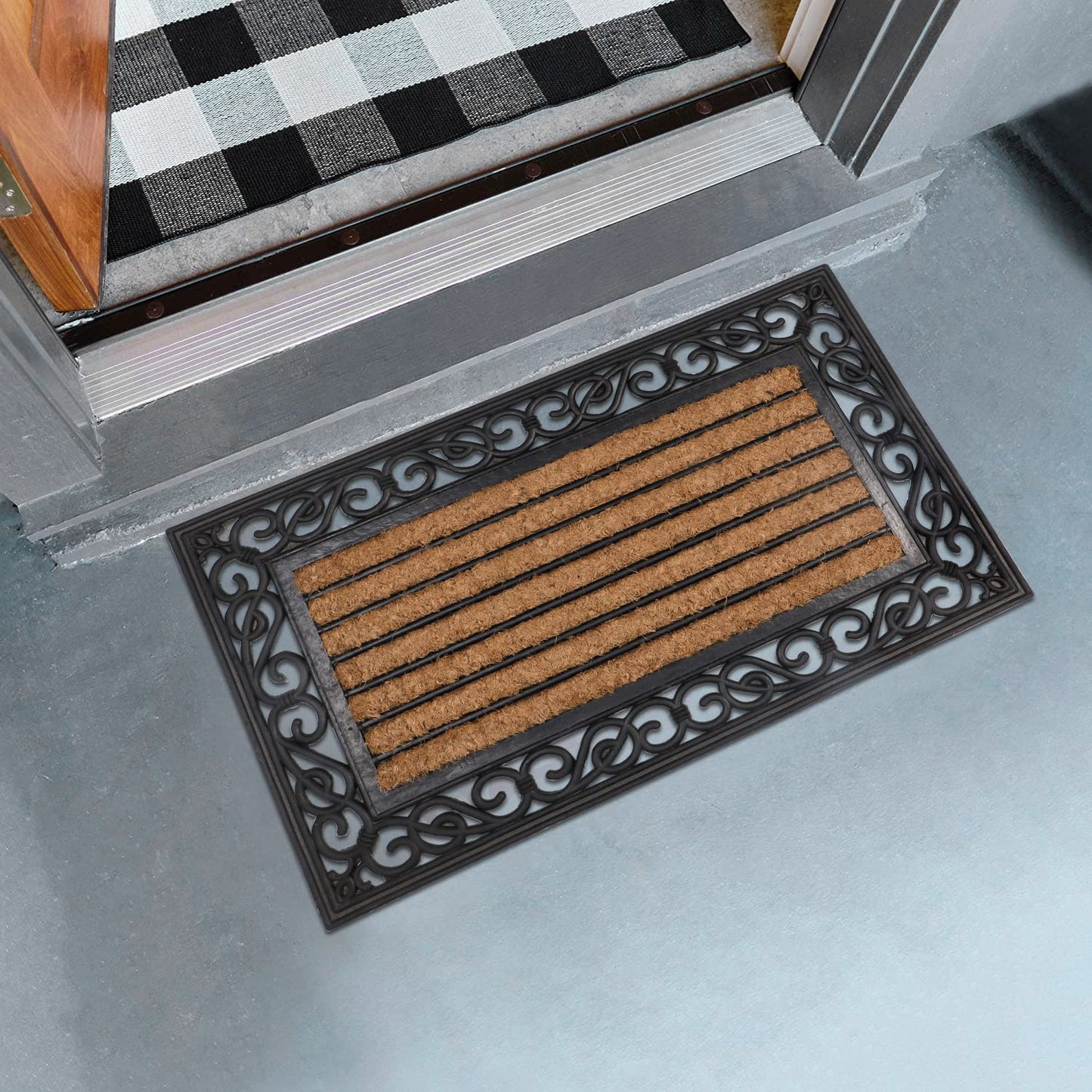 Natural Rubber Coir Rectangular Doormat with Designer Border, Anti-Slip Rubber Backing, 45x75 cm