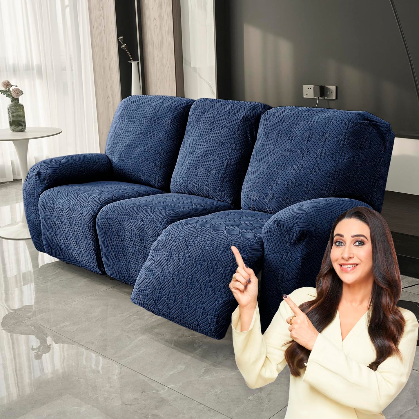 Premium 170 GSM Jacquard Fully Covered Recliner Sofa Cover for 1/2/3 Seaters, Navy Blue