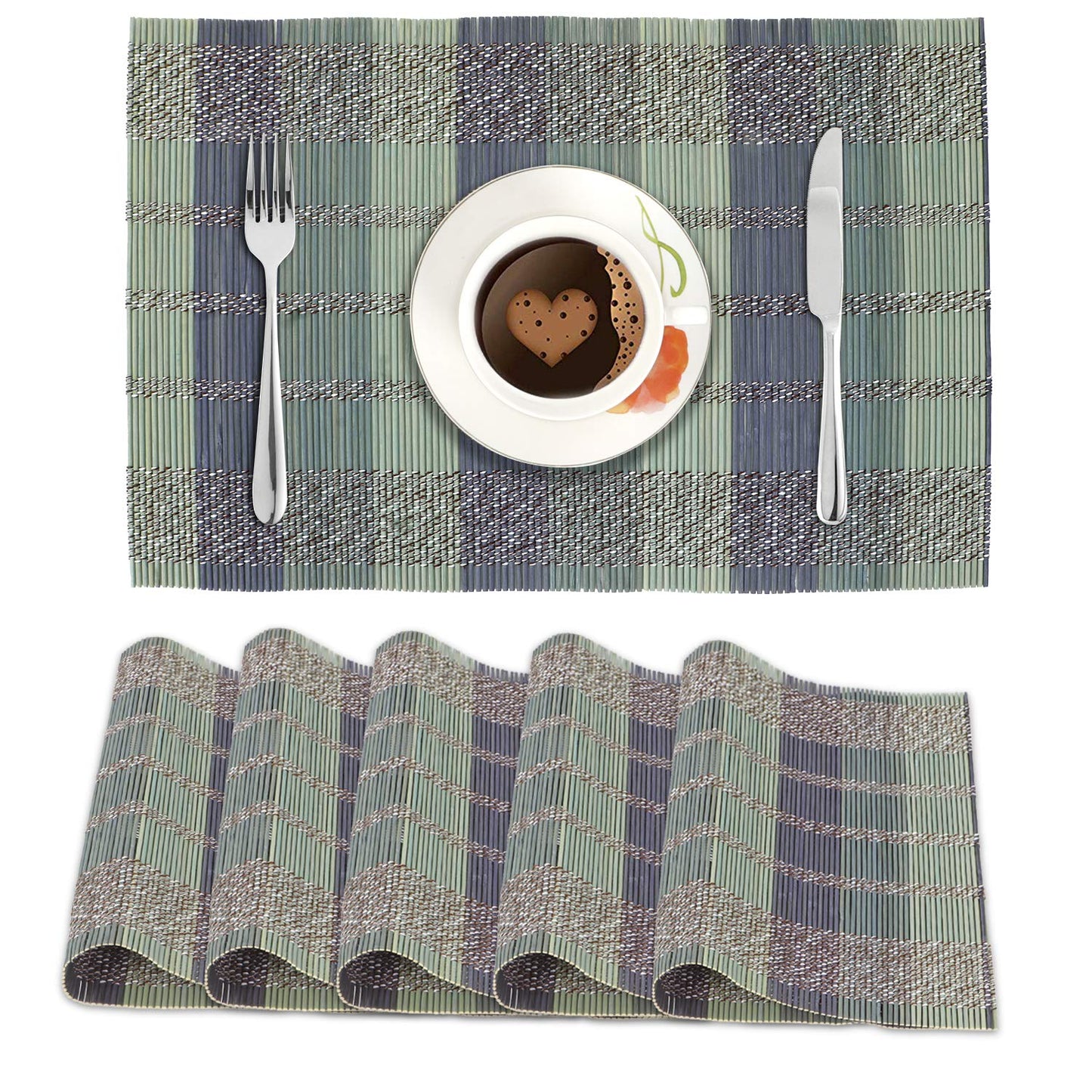Reversible Bamboo Table Mats for Dining Table, Set of 6 Placemats, 45 x 30 cm, Multicolour