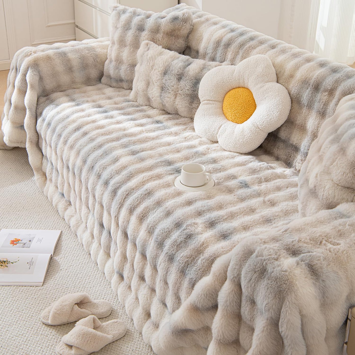 Premium Gradient Faux Rabbit Wool Sofa Throw Fluffy Sofa Cover, Cream