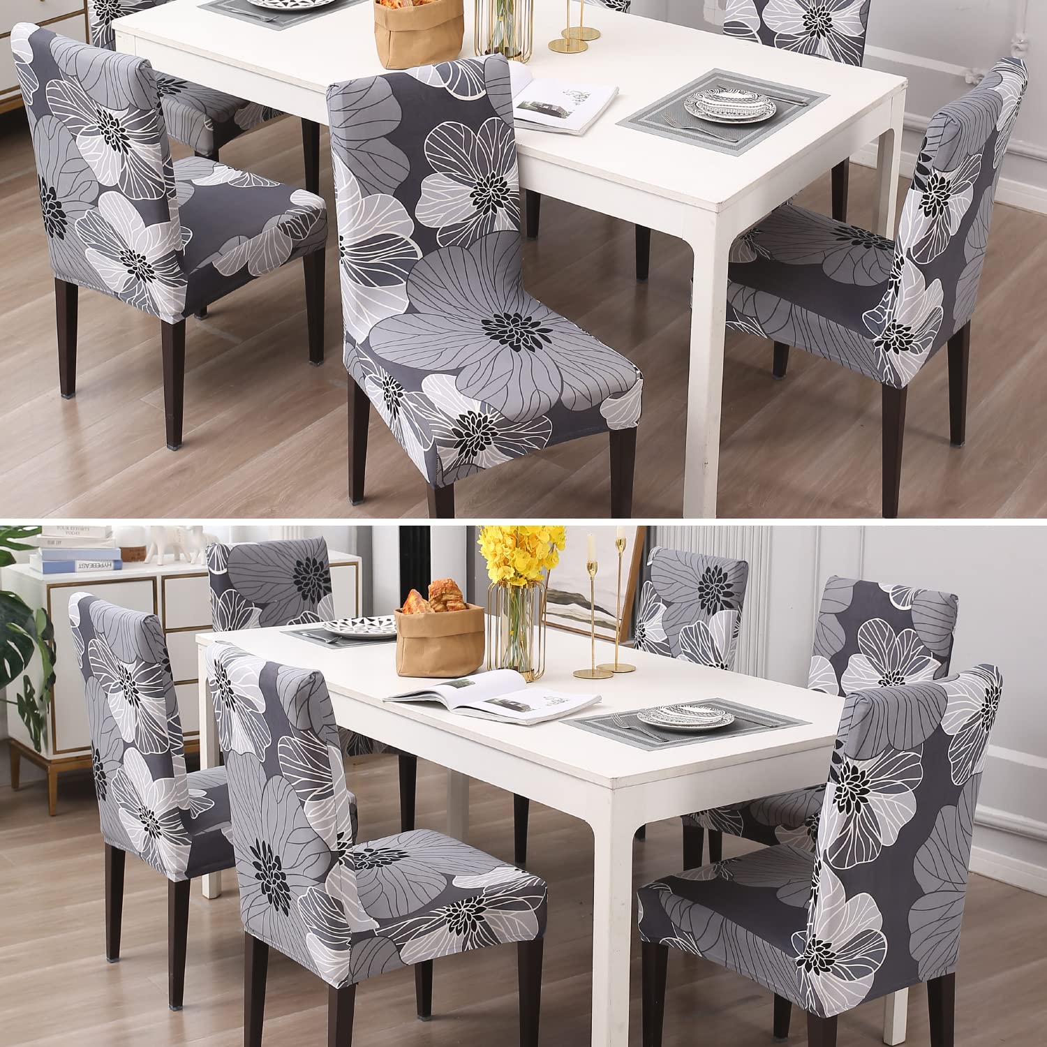Grey Hibiscus print dining chair covers Set | Hokipo