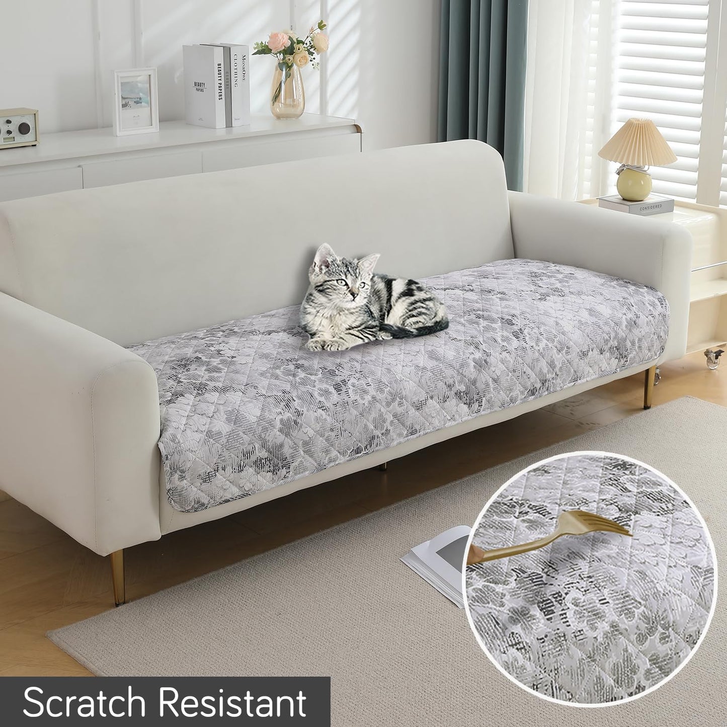 Quilted, Waterproof and Anti-Slip Sofa Cover Mat, Abstract Pale Grey