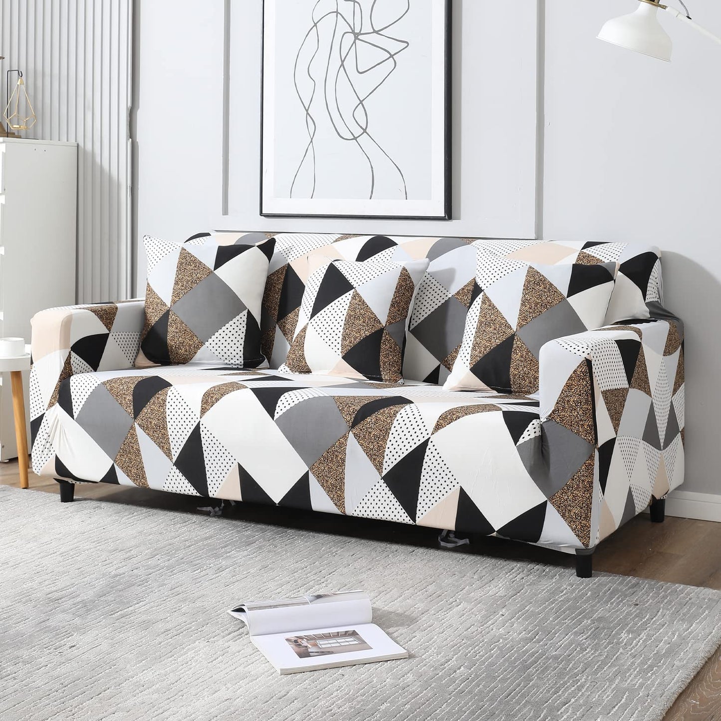 Grey Brown Geometric stretchable 3 seater sofa covers