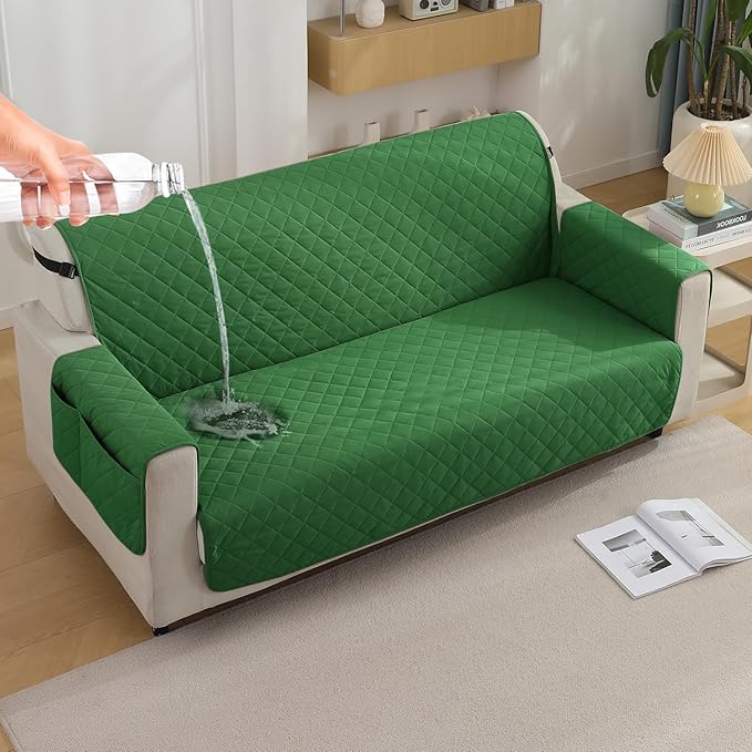 Quilted Waterproof Sofa Cover Mat with Pockets on Armrest Cover - Green