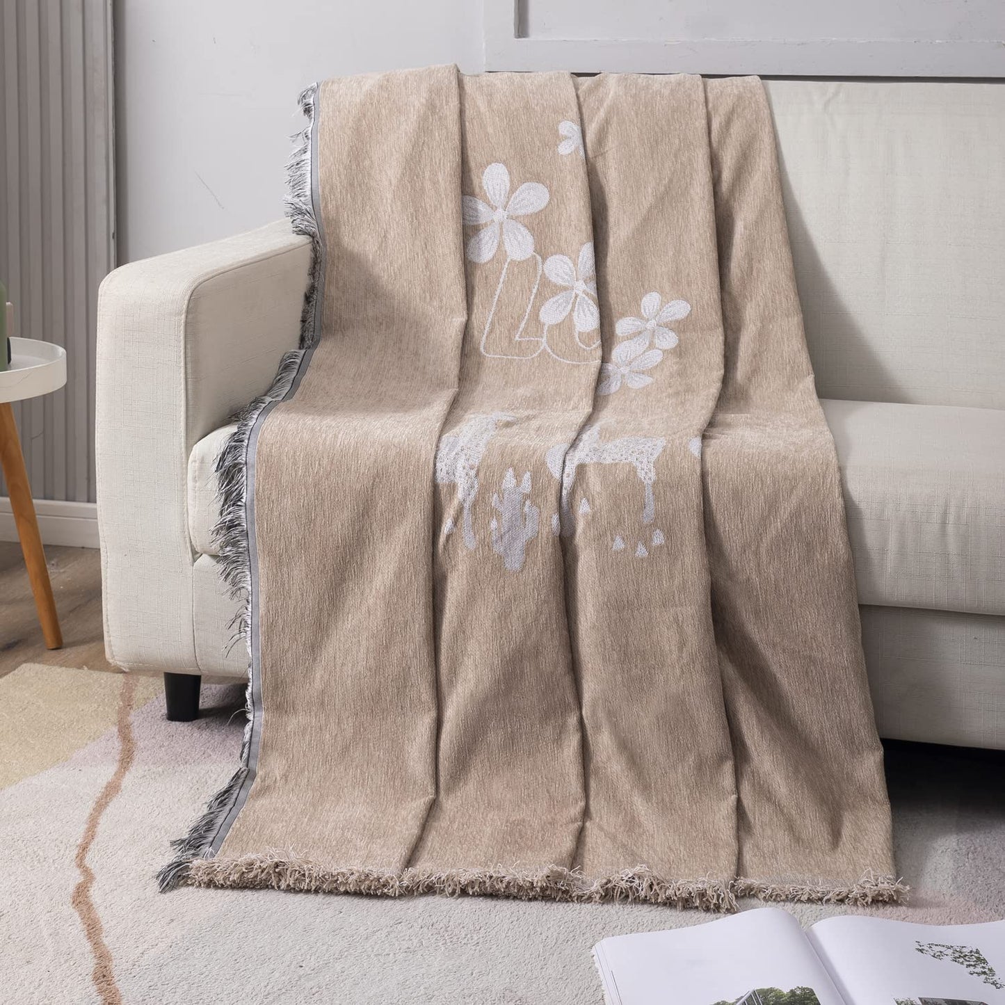 Beige Nature, Soft and Pet Friendly Chenille Sofa Cover Throw