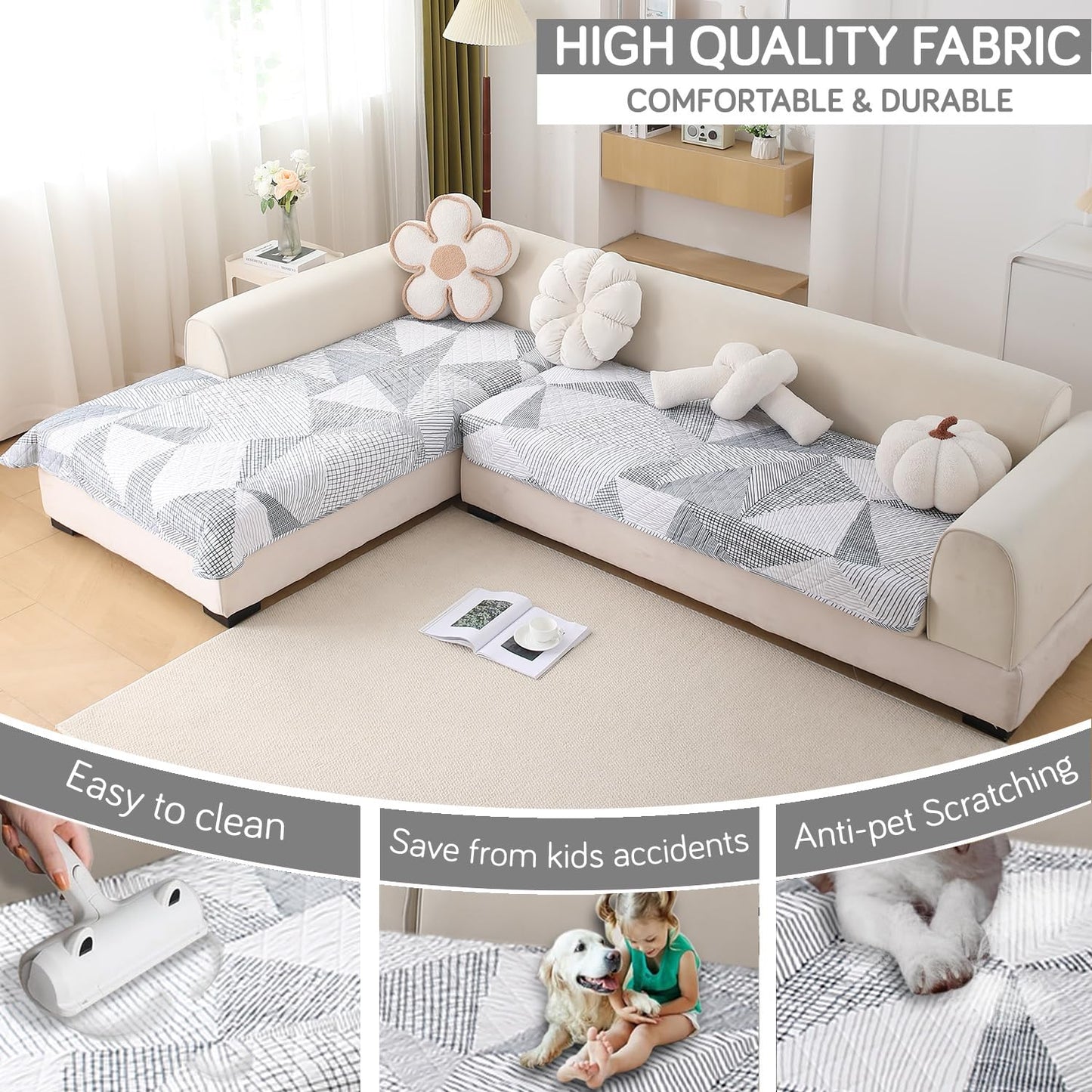 Waterproof Printed Quilted Quick Dry L Shape Sofa Seat Cover Mat, Snow White Black Geometry