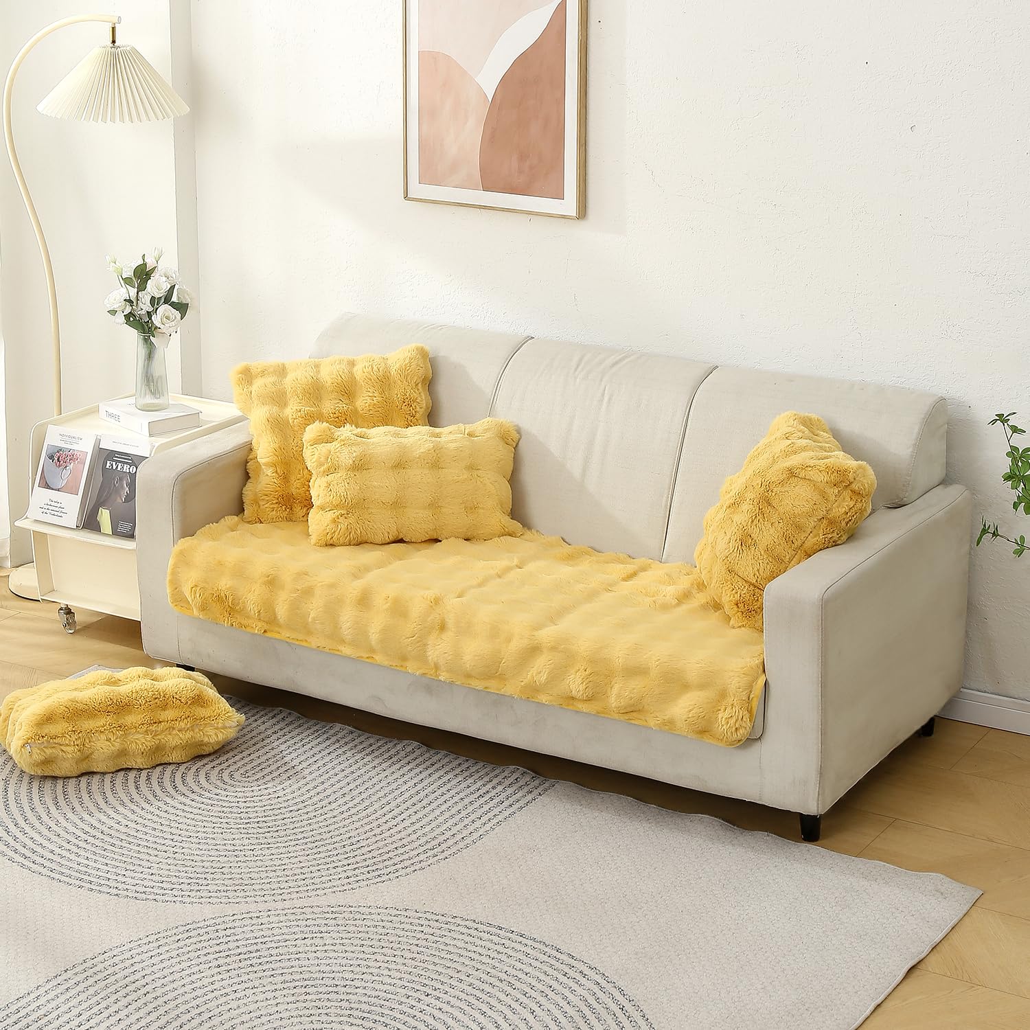 Buy Honey Yellow Colour faux rabbit fur sofa cushion covers in set of 2
