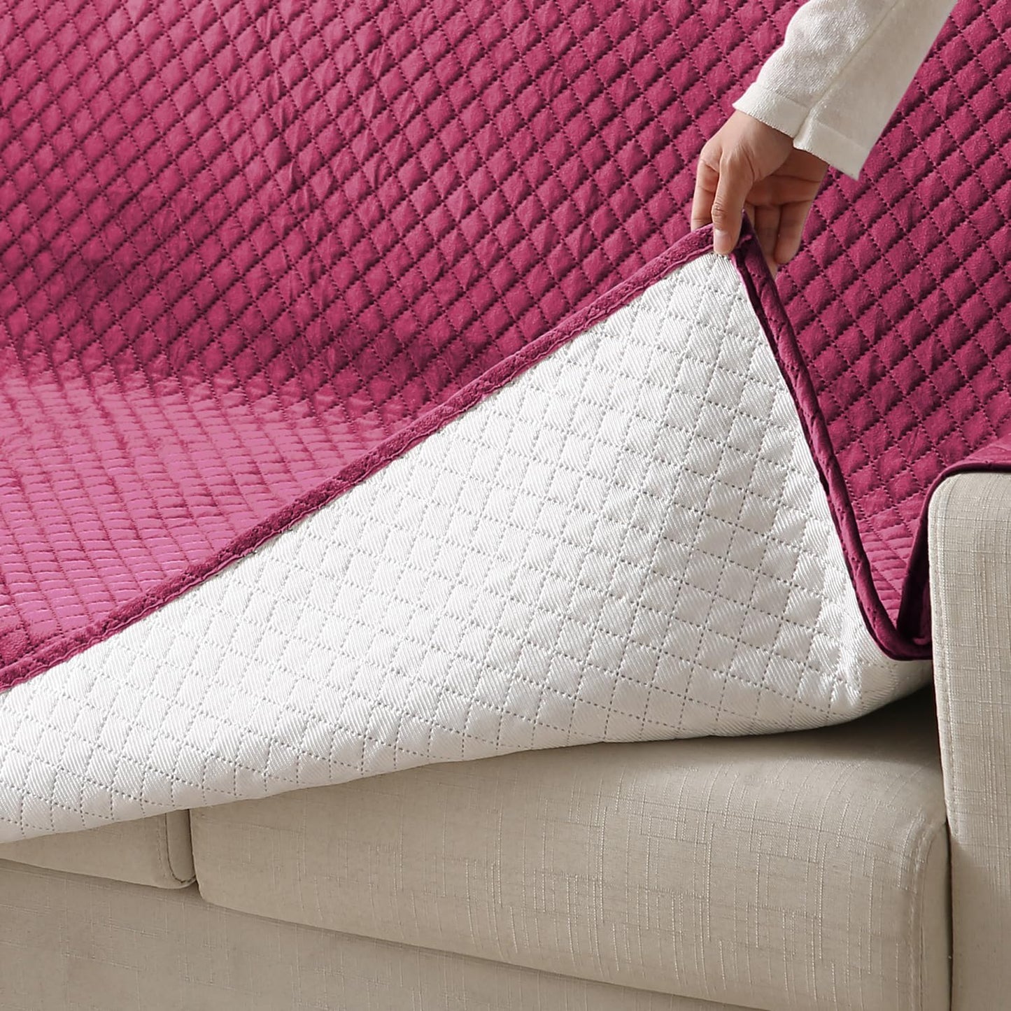 Quilted Velvet Sofa Cover Mat with Side Pockets, Pet Friendly, Wine