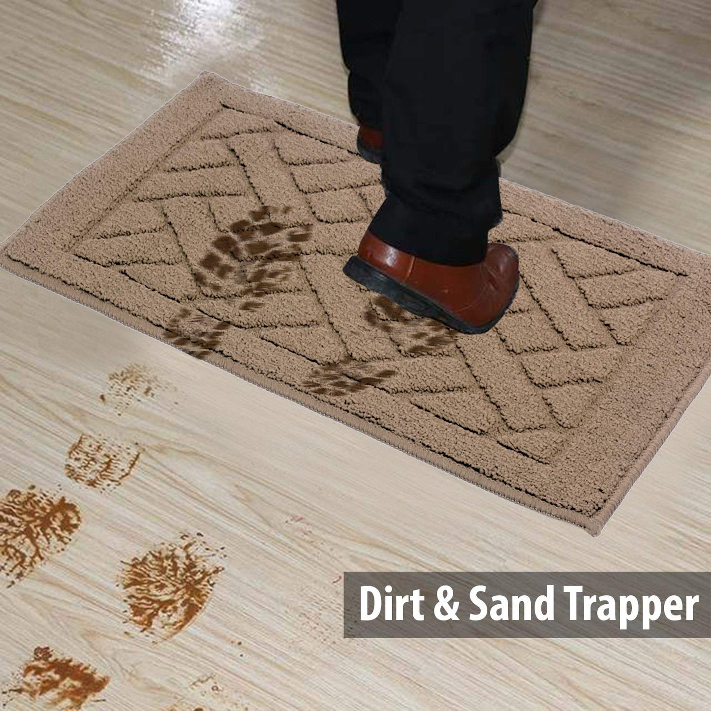 Front Door Inside and Outside Dirt Trapper Mat Polypropylene Fiber Anti-Slip Rubber Back Machine Washable Mat, Rectangular - 45 x 70 cm, Light Brown