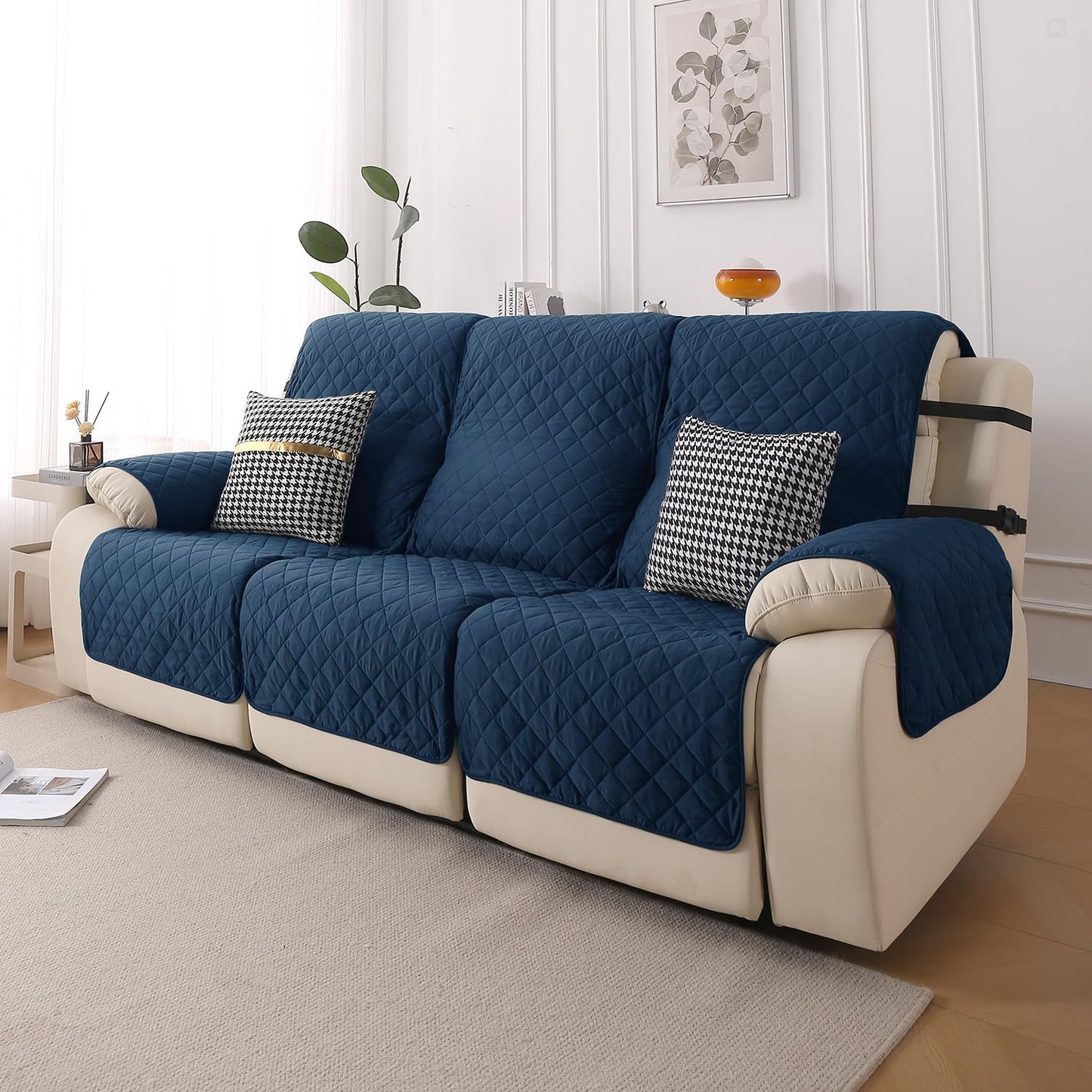 UrbanQuilt Recliner Sofa Slipcover Mat with Dual Belt for 1/2/3 Seater - Navy Blue