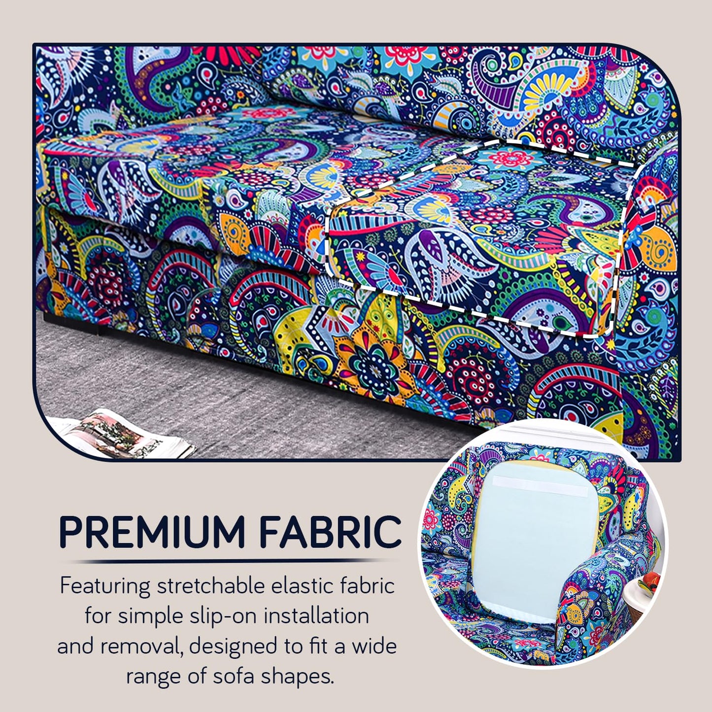 Printed Stretchable Sofa Slipcover with 1/2/3 Pc Separate Seat Cushion Cover for each 1/2/3 Seater, Saphire Boho Carnival