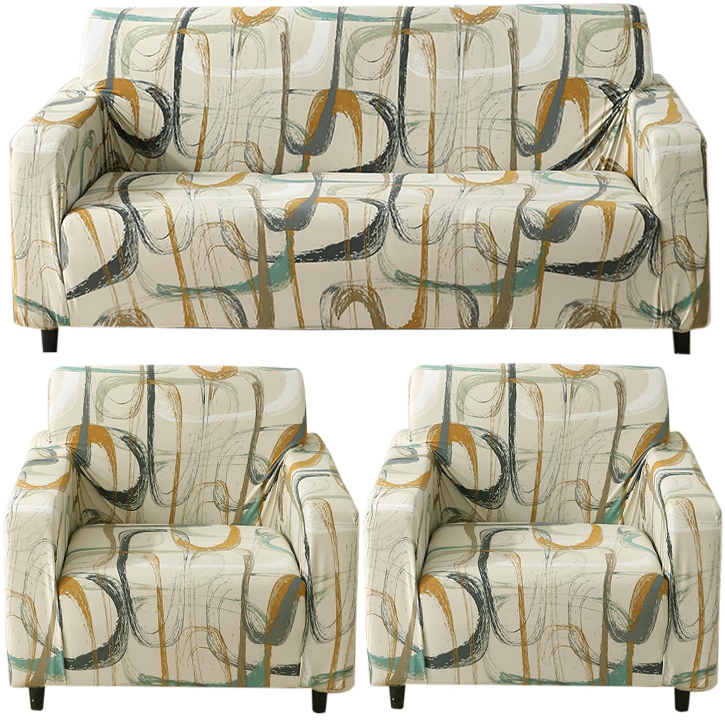 Elastic Stretchable Printed 140gsm Fully Covered Sofa Cover, Parchement Beige Abstract Art