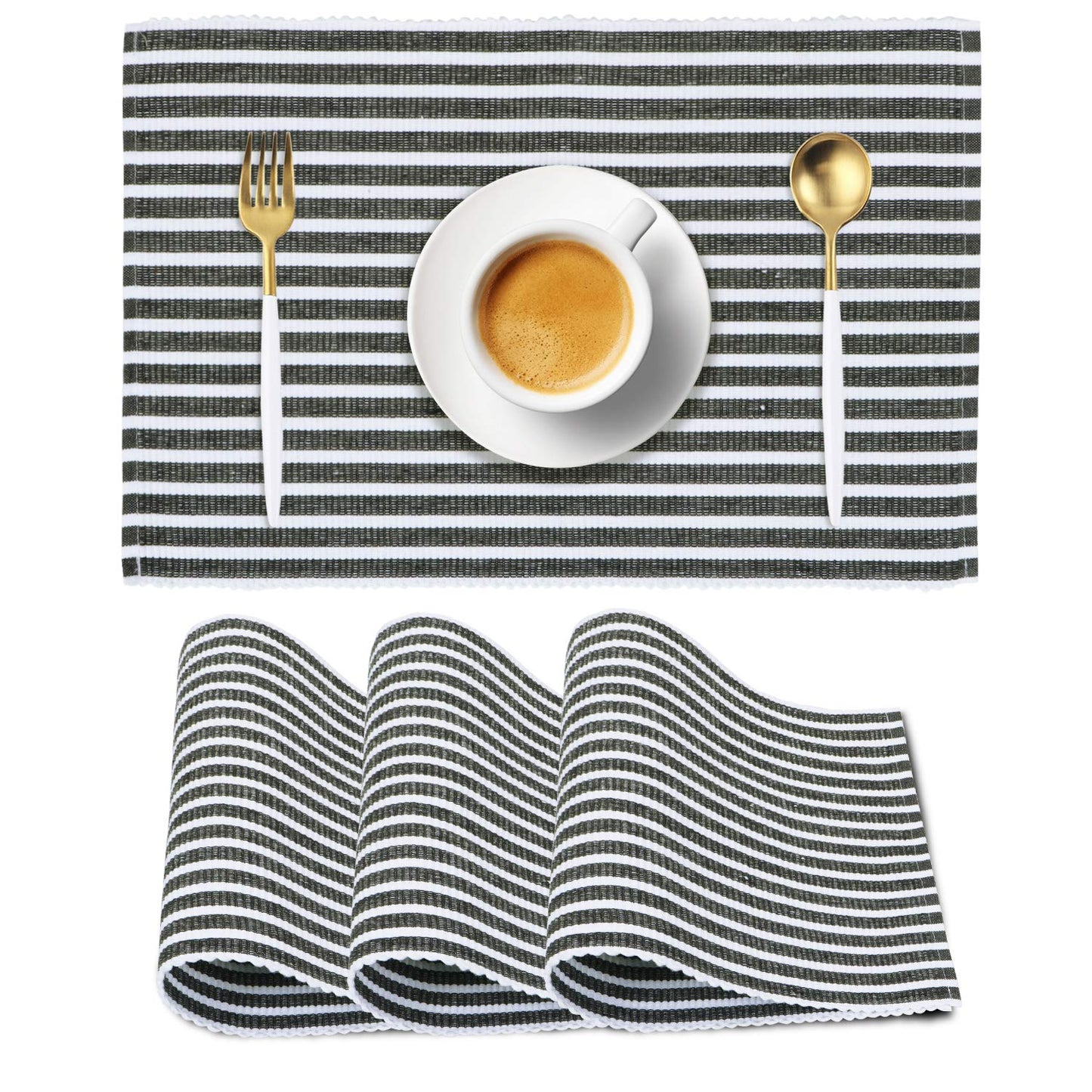 Ribbed Cotton Heat Resistant Dining Table Mat, Grey Striped