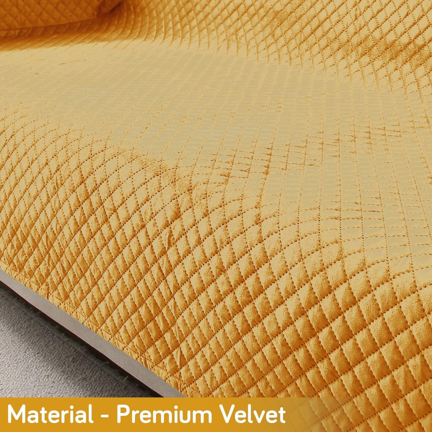 Quilted Velvet Sofa Cover Mat with Side Pockets, Pet Friendly, Mustard Yellow