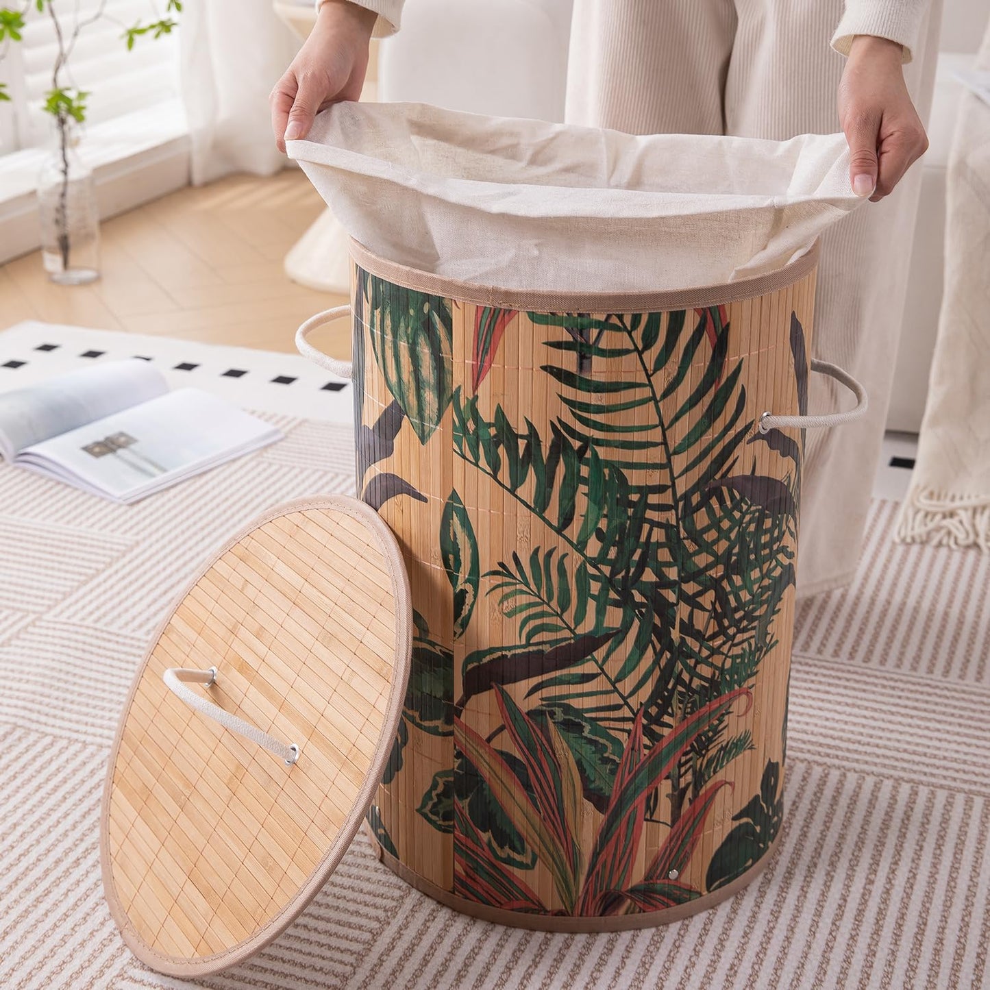 Eco-Friendly Foldable Bamboo Laundry Basket Hamper with Lid, Large, 61 Litre, Ficus Leaves