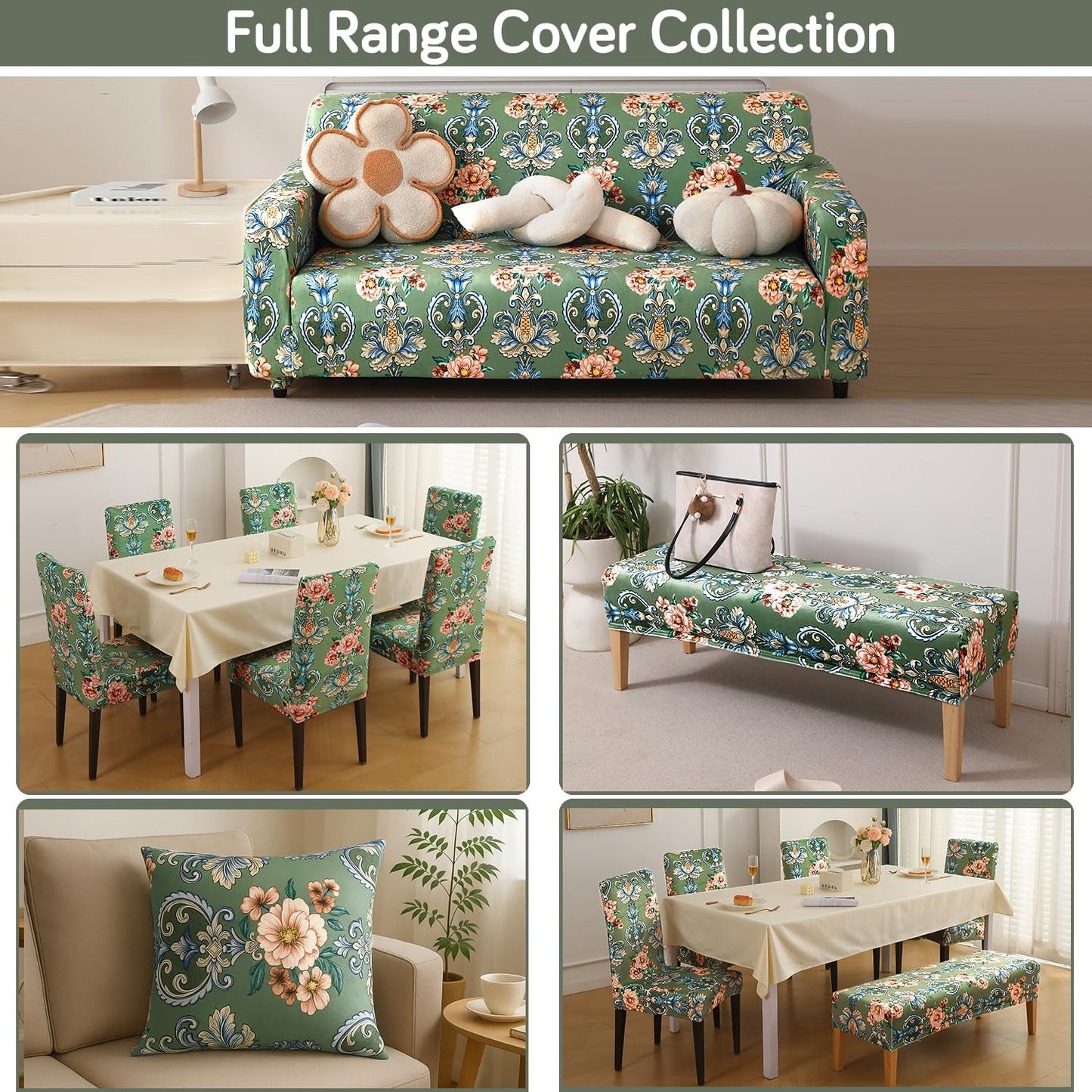 Premium Printed Velvet Elastic Dining Bench Cover, Green Victorian Garden