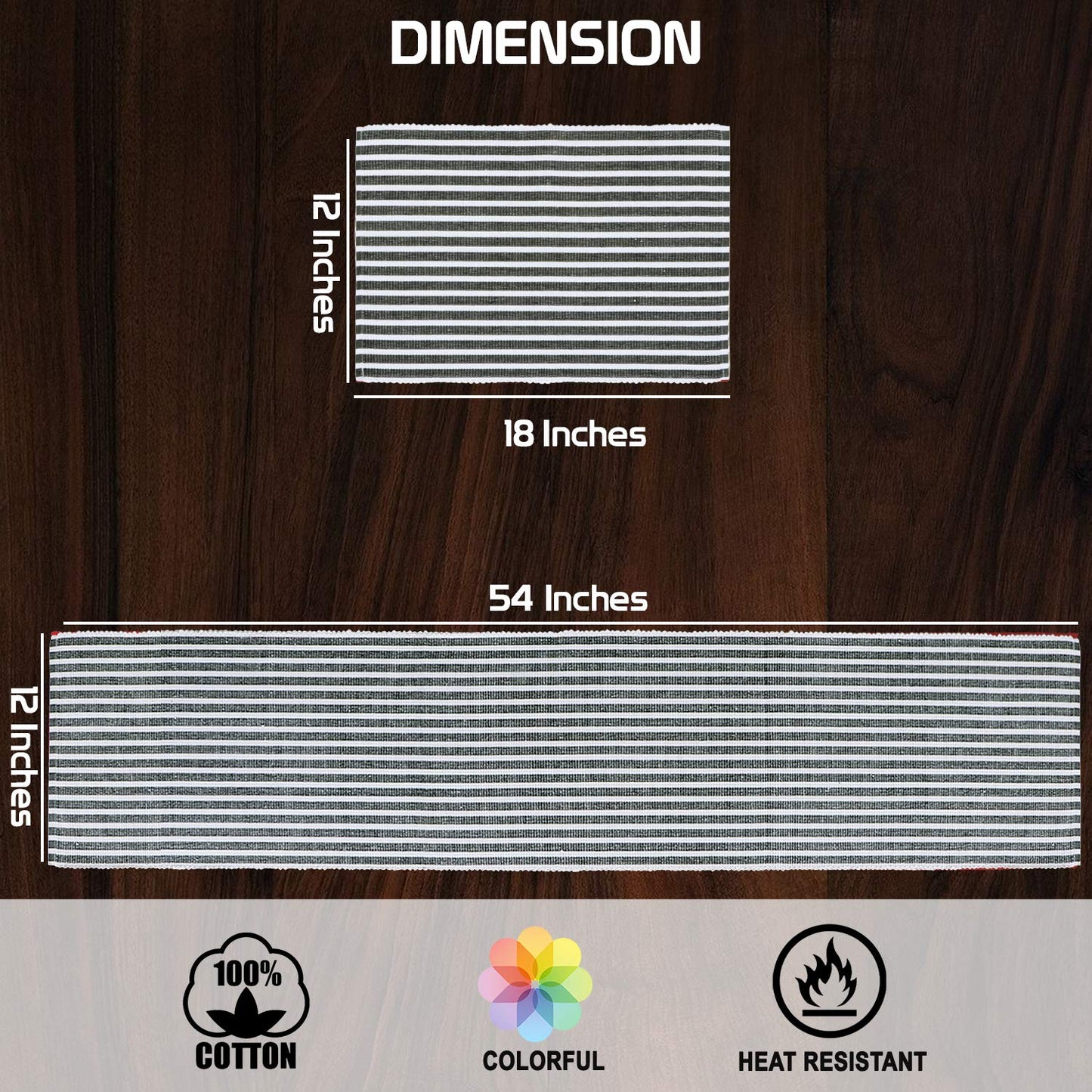Ribbed Cotton Heat Resistant Dining Table Mat, Grey Striped