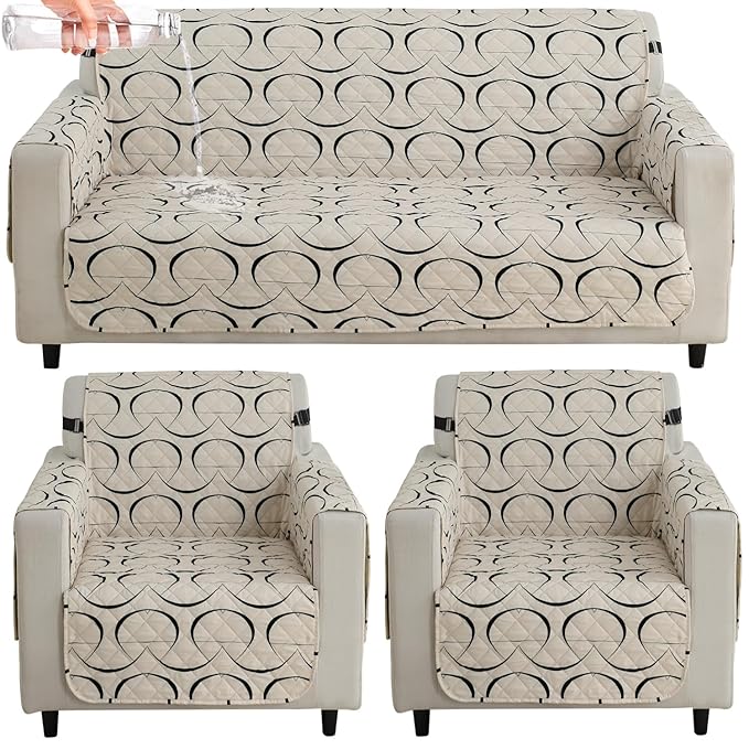Waterproof & Quick-Dry Quilted Sofa Cover with Pockets on Armrest, Natural Beige Abstract Art