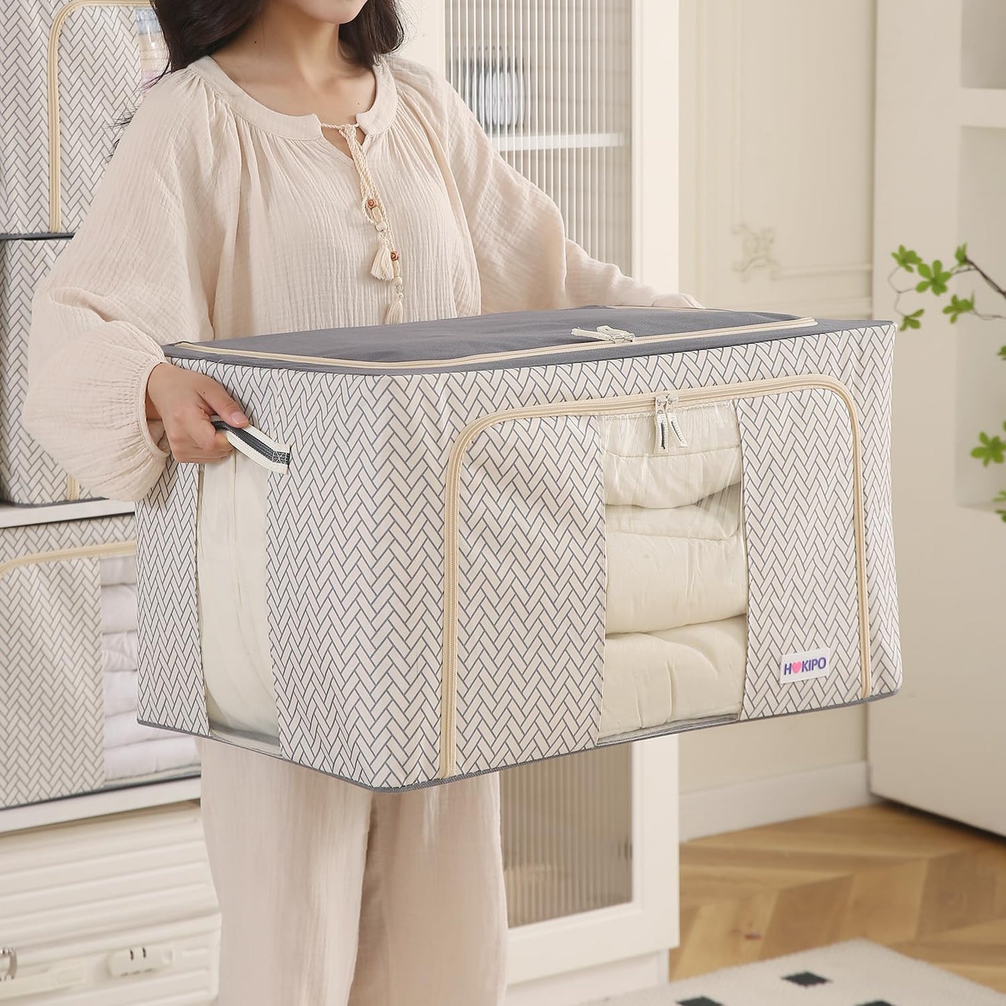 Wardrobe Organizer Storage Box | Foldable Cloth Storage Boxes with Metal Frame & Window | 600D Oxford Fabric, Cream Mist