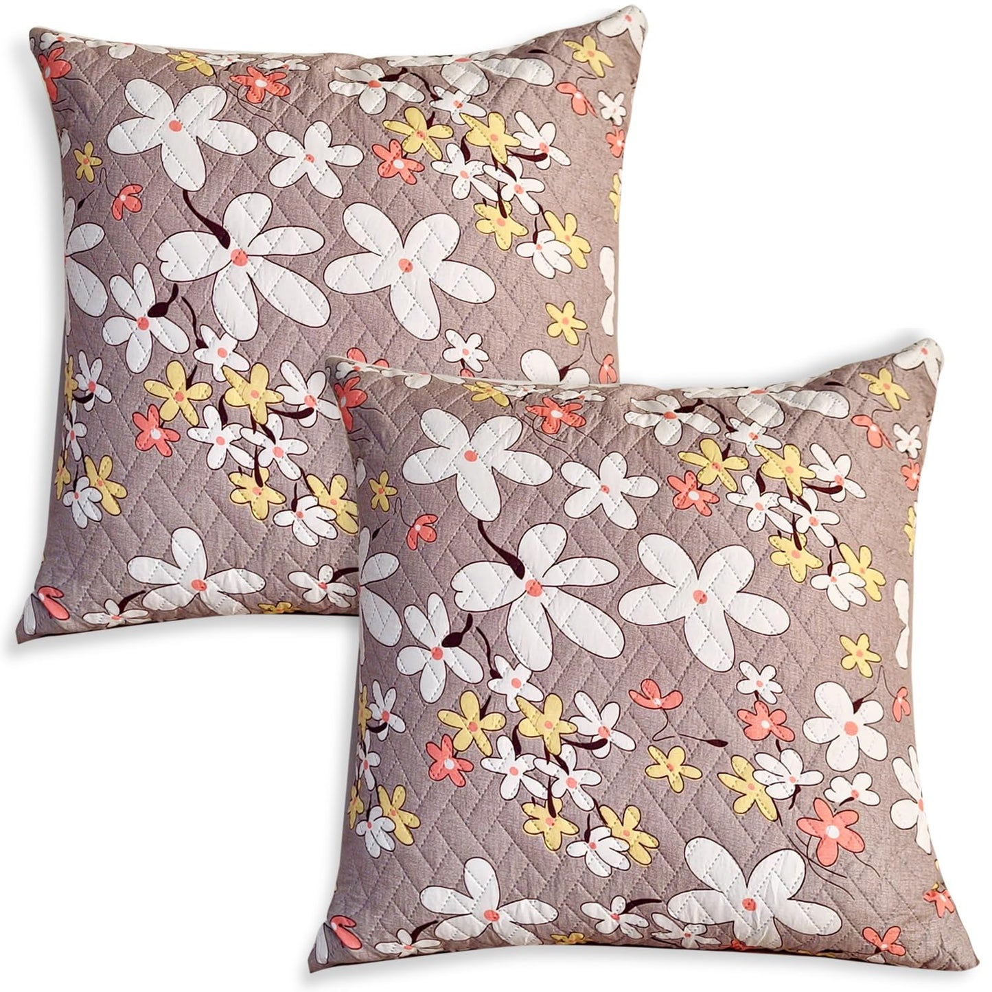 Printed Quilted Sofa Cushion Cover Pack of 2, Pastel Brown Sandwort Flower