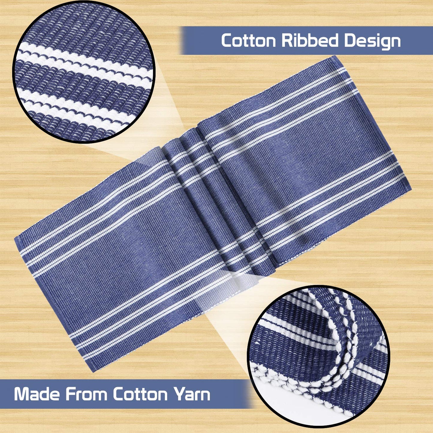 Cotton Ribbed Washable Table Runner for Dining Table 4 Seater, 12x54 Inches, Blue