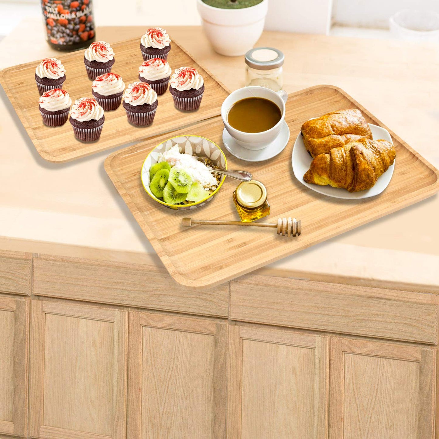 Wooden Bamboo Serving Tray Set of 2