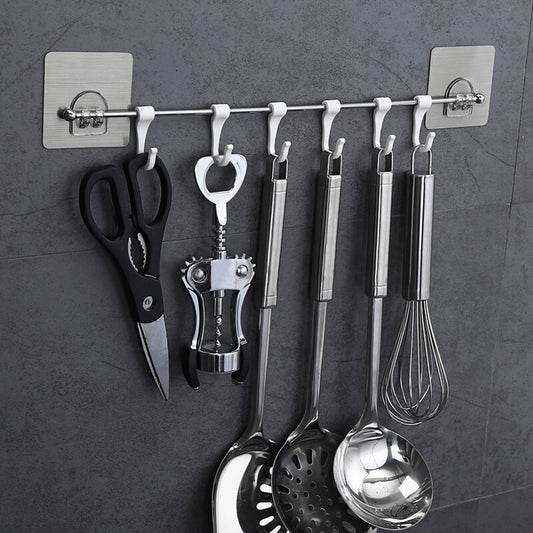 Magic Sticker Series Self Adhesive Chrome Plated Metal Hook Rail Bar for Kitchen and Bathroom, Silver