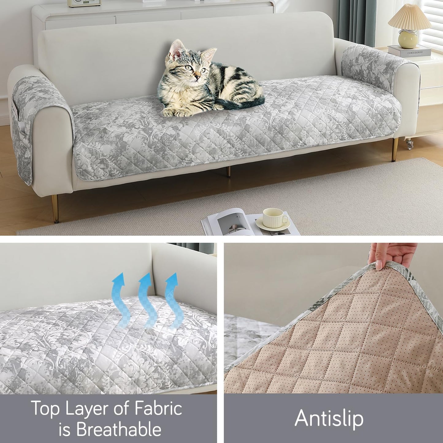 HOKIPO Quilted Waterproof Sofa Seat Mat with 2 Armrest Covers with Pockets, Motifs Cloud Grey