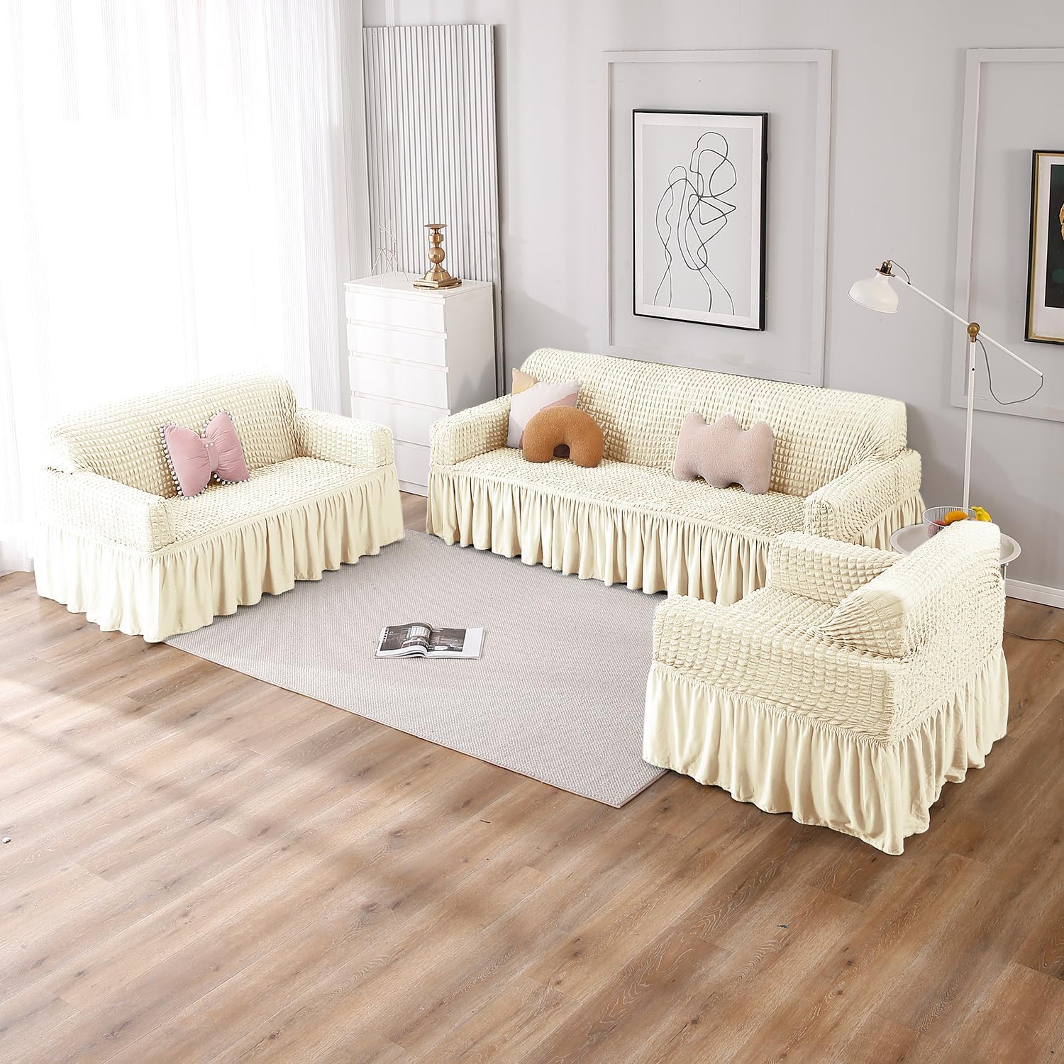 Cream Elastic stretchable Turkish bubble frill sofa cover set for 1, 2, 3, 4, 5, 6, & 7 Seater sofa
