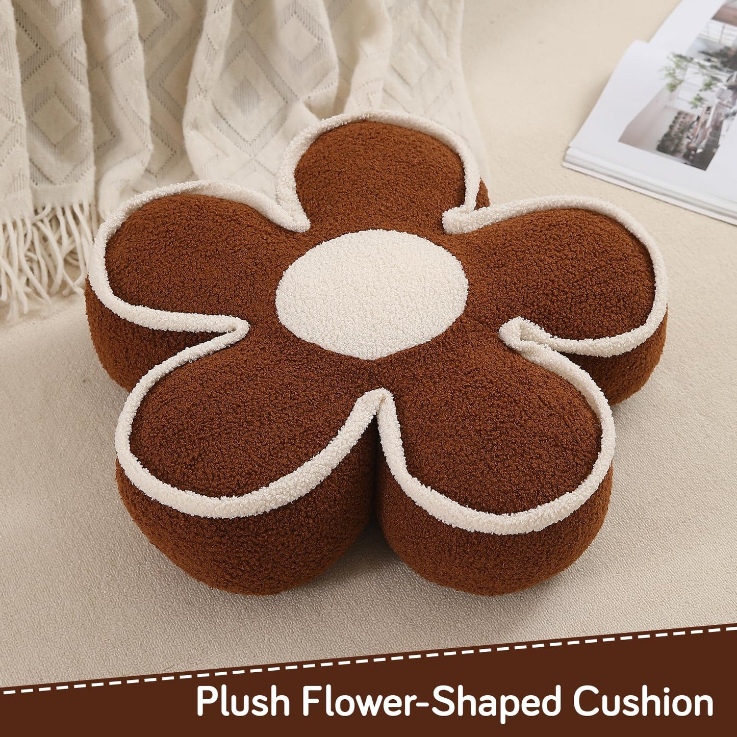 HOKIPO Plush Cotton Flower Cushion | Decorative Throw Pillow for Bed & Sofa - Chocolate Brown