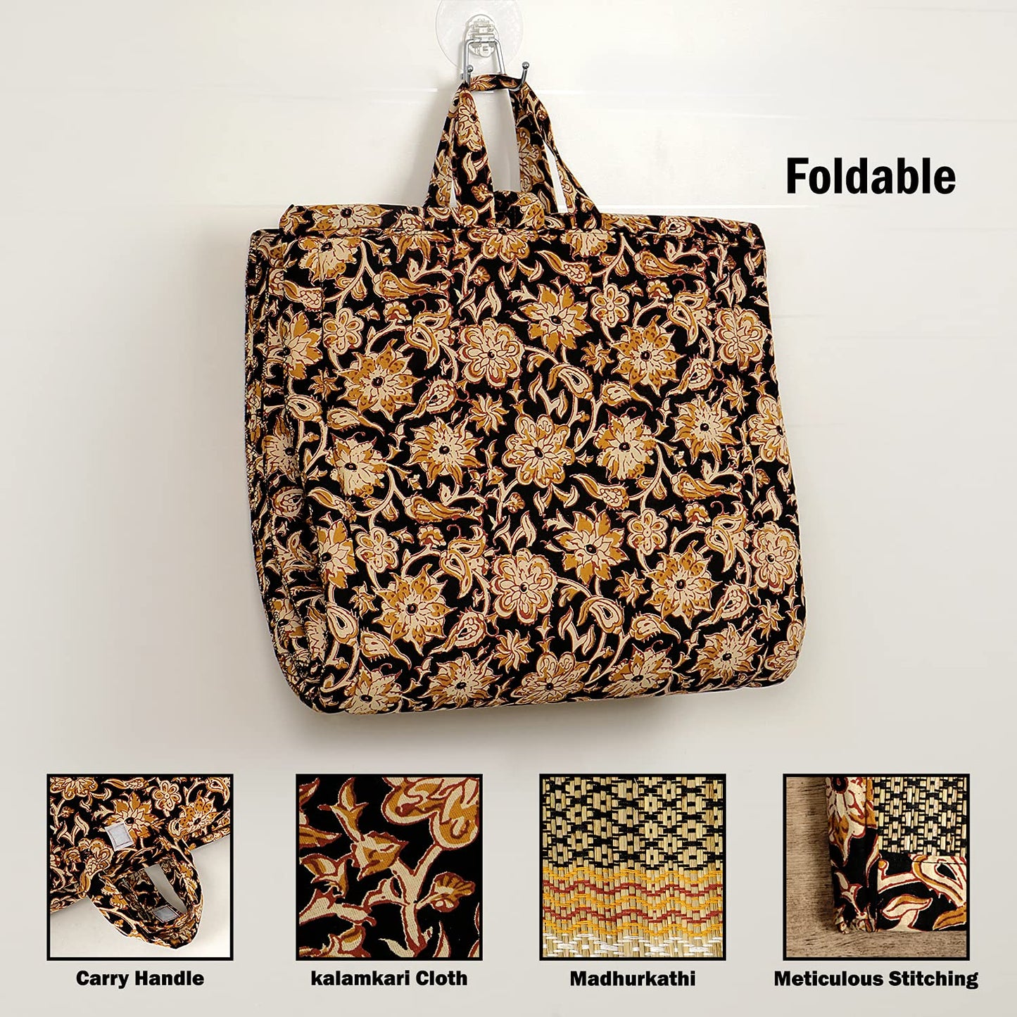 Eco-Friendly Madurkathi Handcrafted Foam Chatai for Sleeping on Floor 6x3 Feet, Black