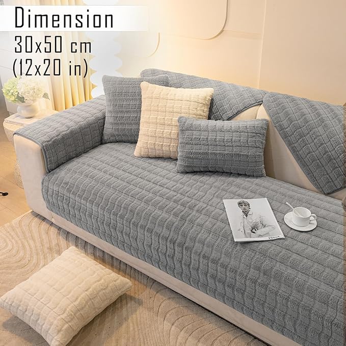 Premium Plush Anti Slip Sofa Cover Mat with 2 Armrest Cover and Cushion Cover, Light Grey