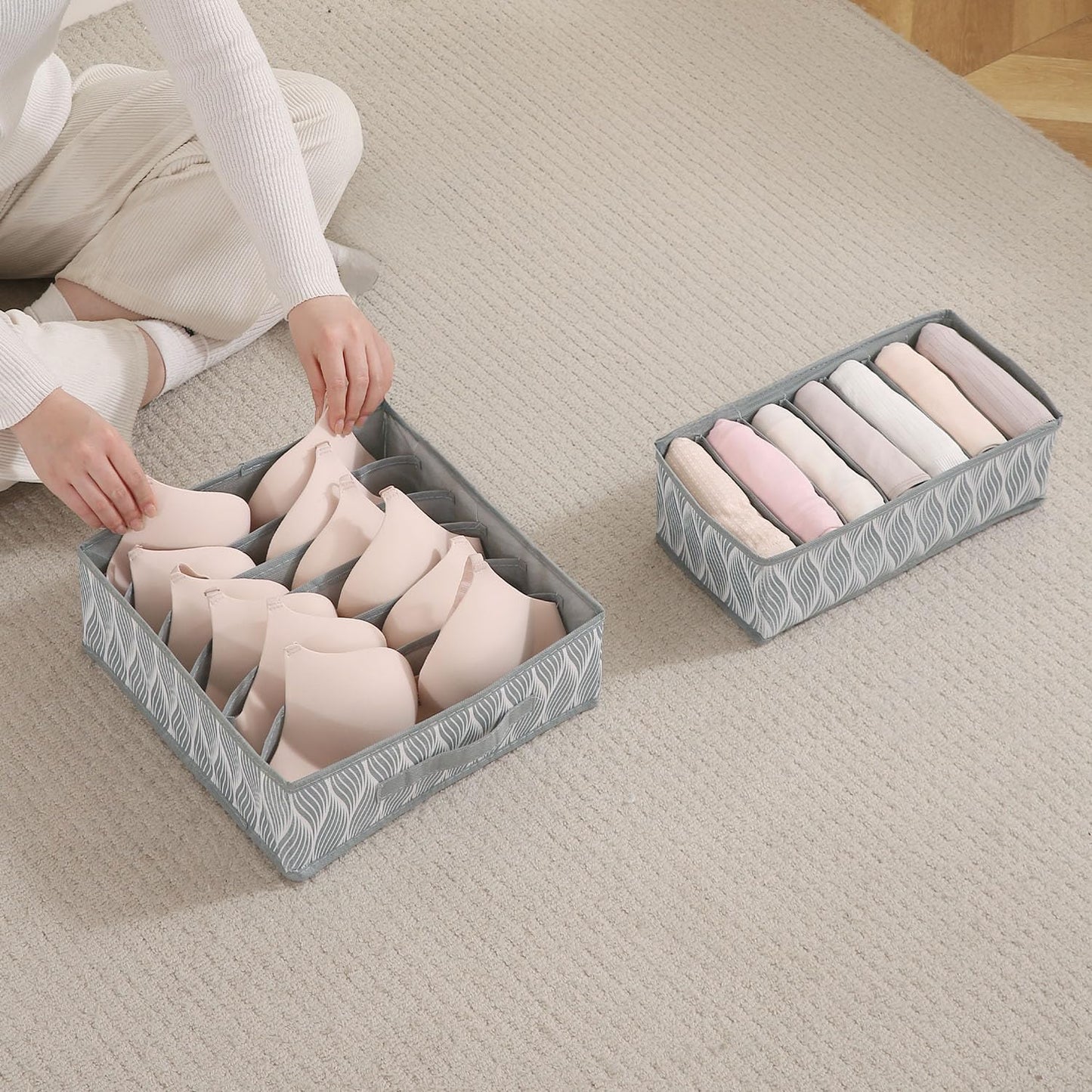 Lingerie Organizer for Women – Bra Organizer for Wardrobe & Drawers | Foldable Innerwear Organiser for Bras, Camisoles | Non-Woven Fabric, Grey leaves