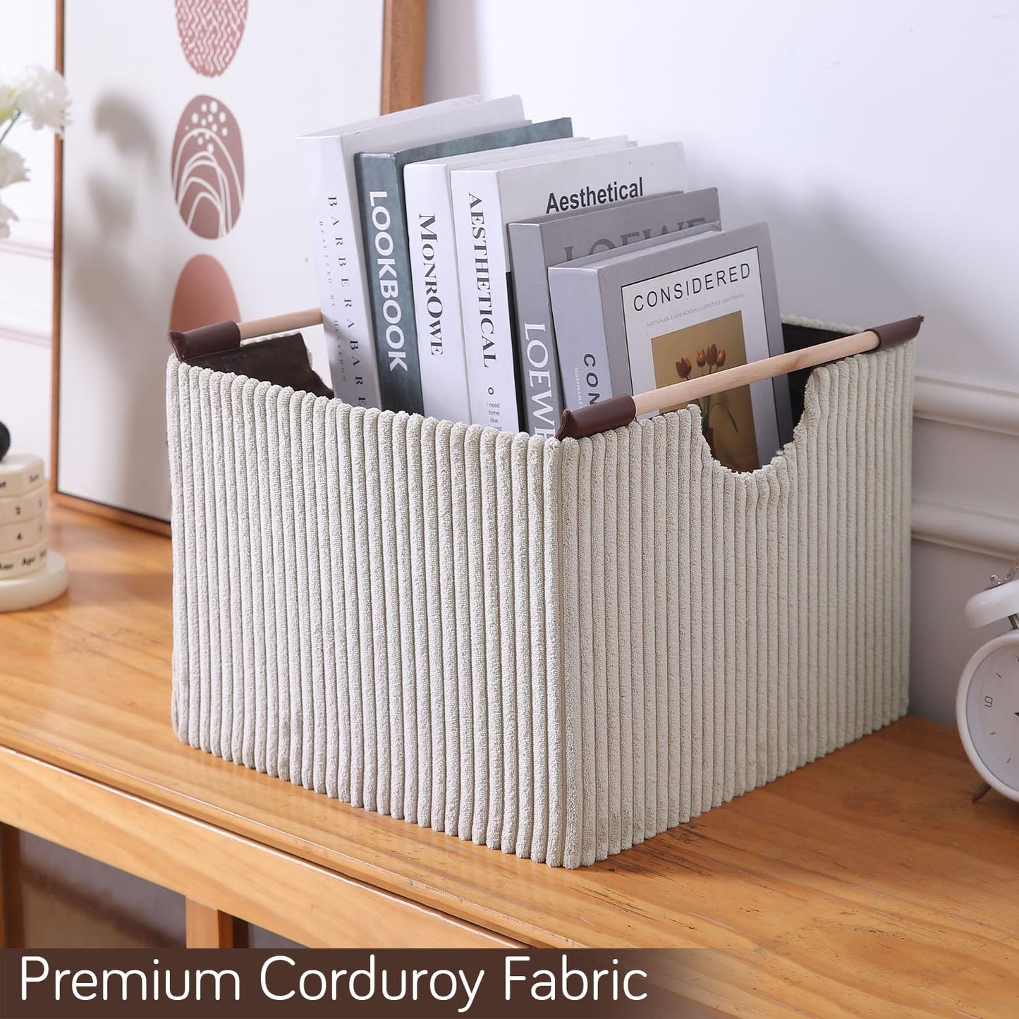 Premium Foldable Storage Bin with Wooden Handles | Corduroy Fabric Organizer Box for Wardrobe, Books, Clothes & Misc Items, Cream