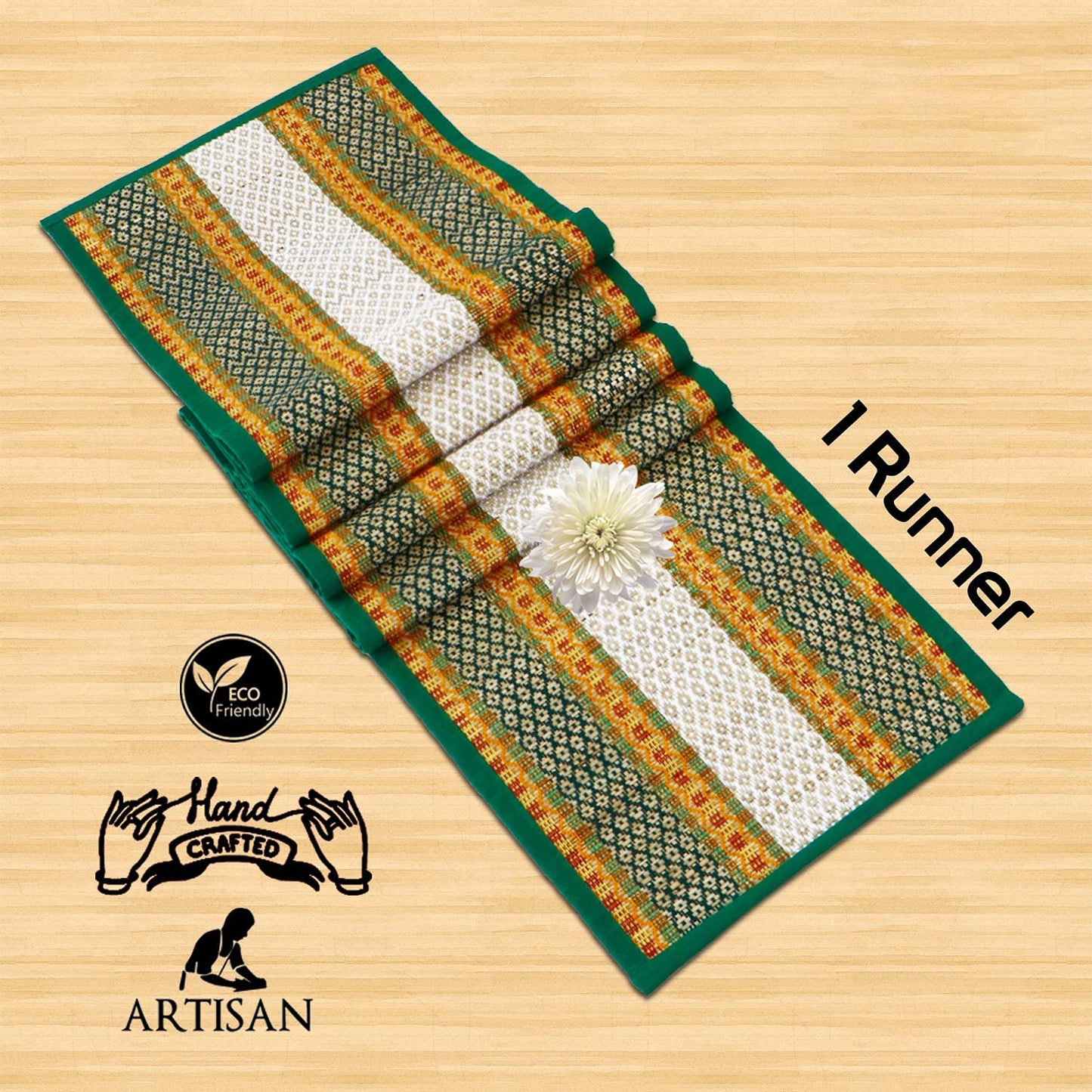 Natural Handmade Madurkathi Table Runner for Dining Table, Centre Table, Coffee Table, Teapoy, Green