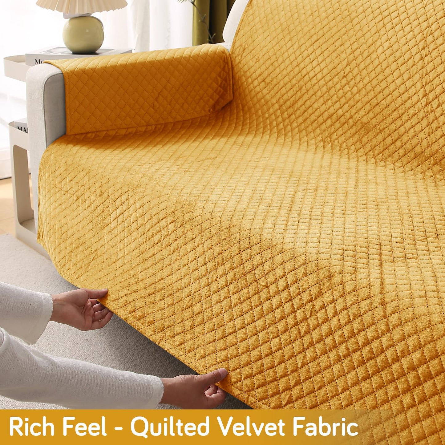 Quilted Velvet Sofa Cover Mat with Side Pockets, Pet Friendly, Mustard Yellow