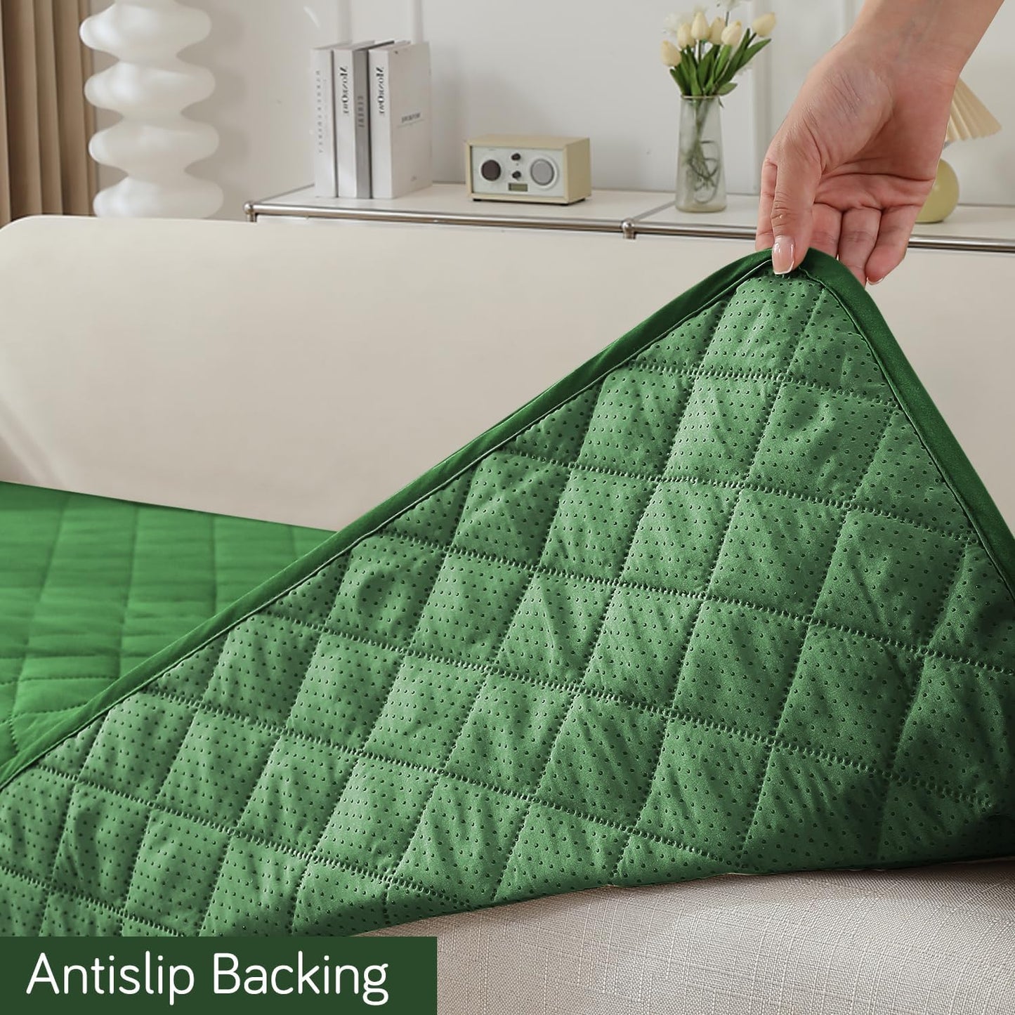 HOKIPO Quilted Waterproof Sofa Seat Mat for 1/2/3 Seater Sofa with 2 Armrest Covers with Pockets, Green