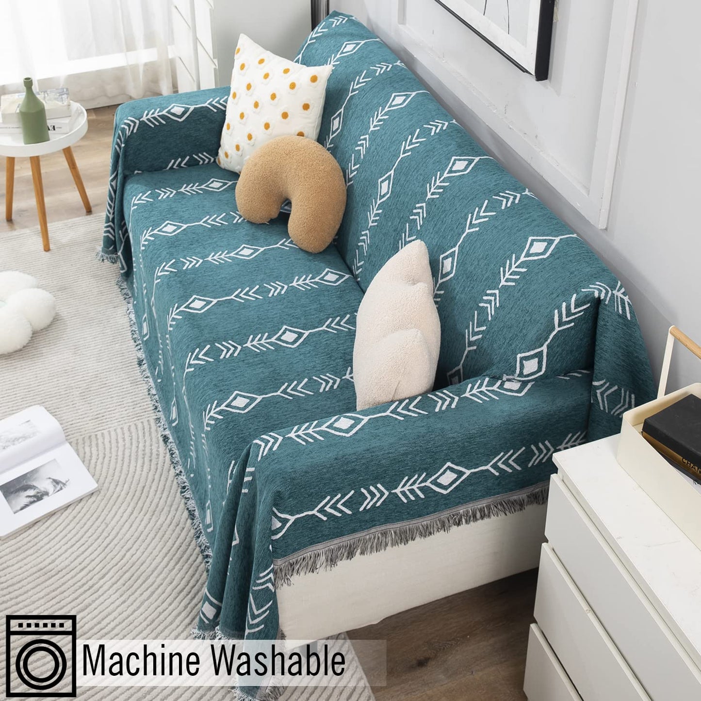 Thick, Soft and Pet Friendly Chenille Sofa Cover Throw, Teal Aztec