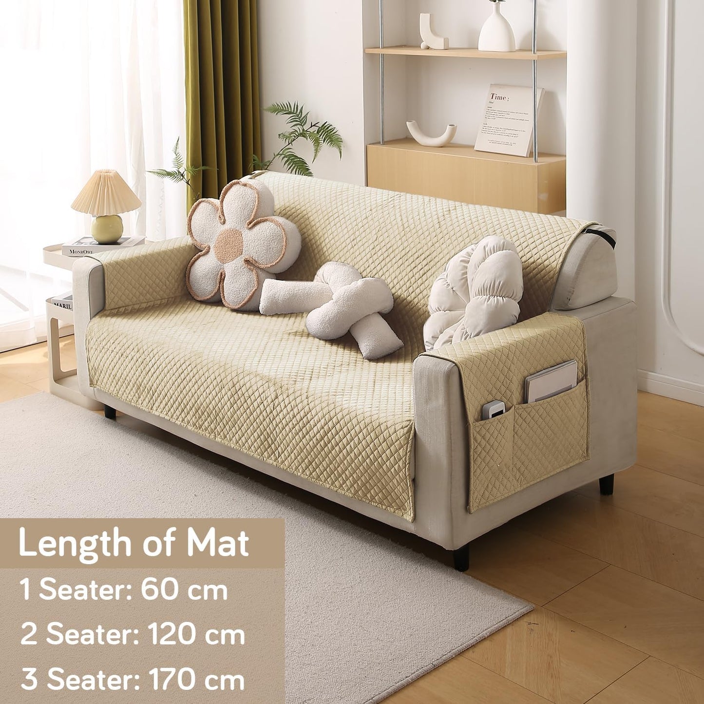 Quilted Velvet Sofa Cover Mat with Side Pockets, Pet Friendly, Natural Beige