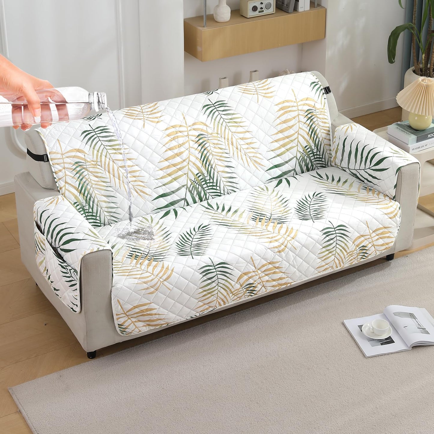 Quilted Waterproof Sofa Cover Mat with Pockets on Armrest Cover - Palm Leaves Forest Green